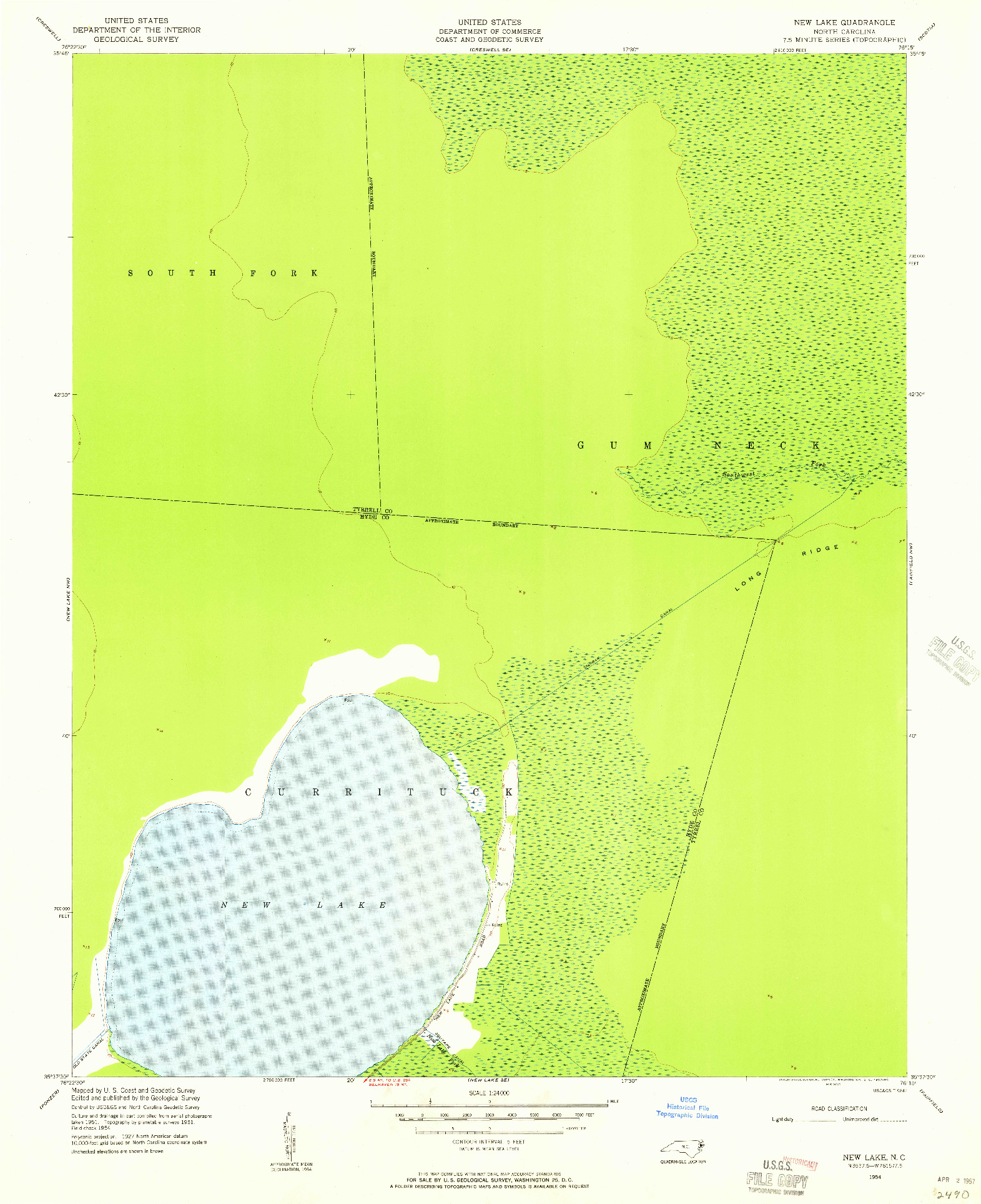 USGS 1:24000-SCALE QUADRANGLE FOR NEW LAKE, NC 1954