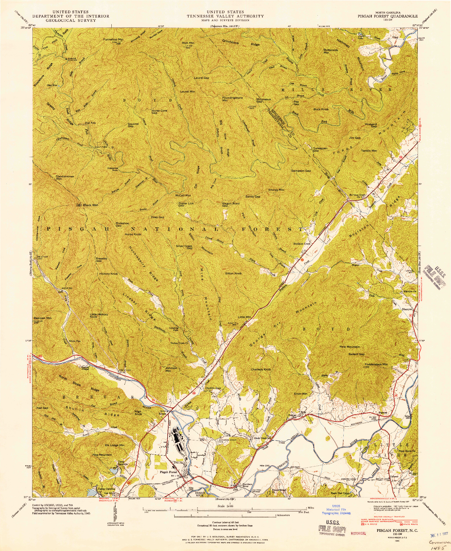 USGS 1:24000-SCALE QUADRANGLE FOR PISGAH FOREST, NC 1945