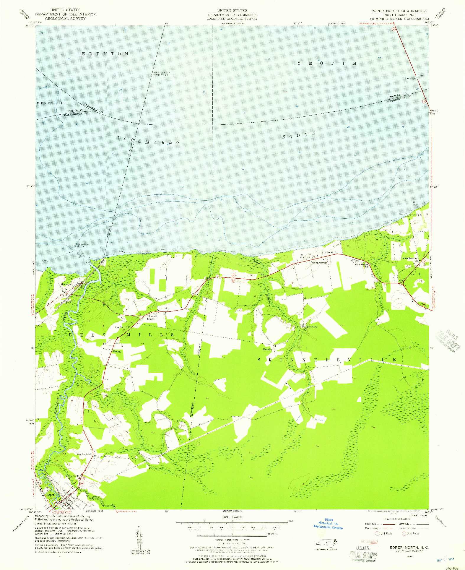 USGS 1:24000-SCALE QUADRANGLE FOR ROPER NORTH, NC 1954