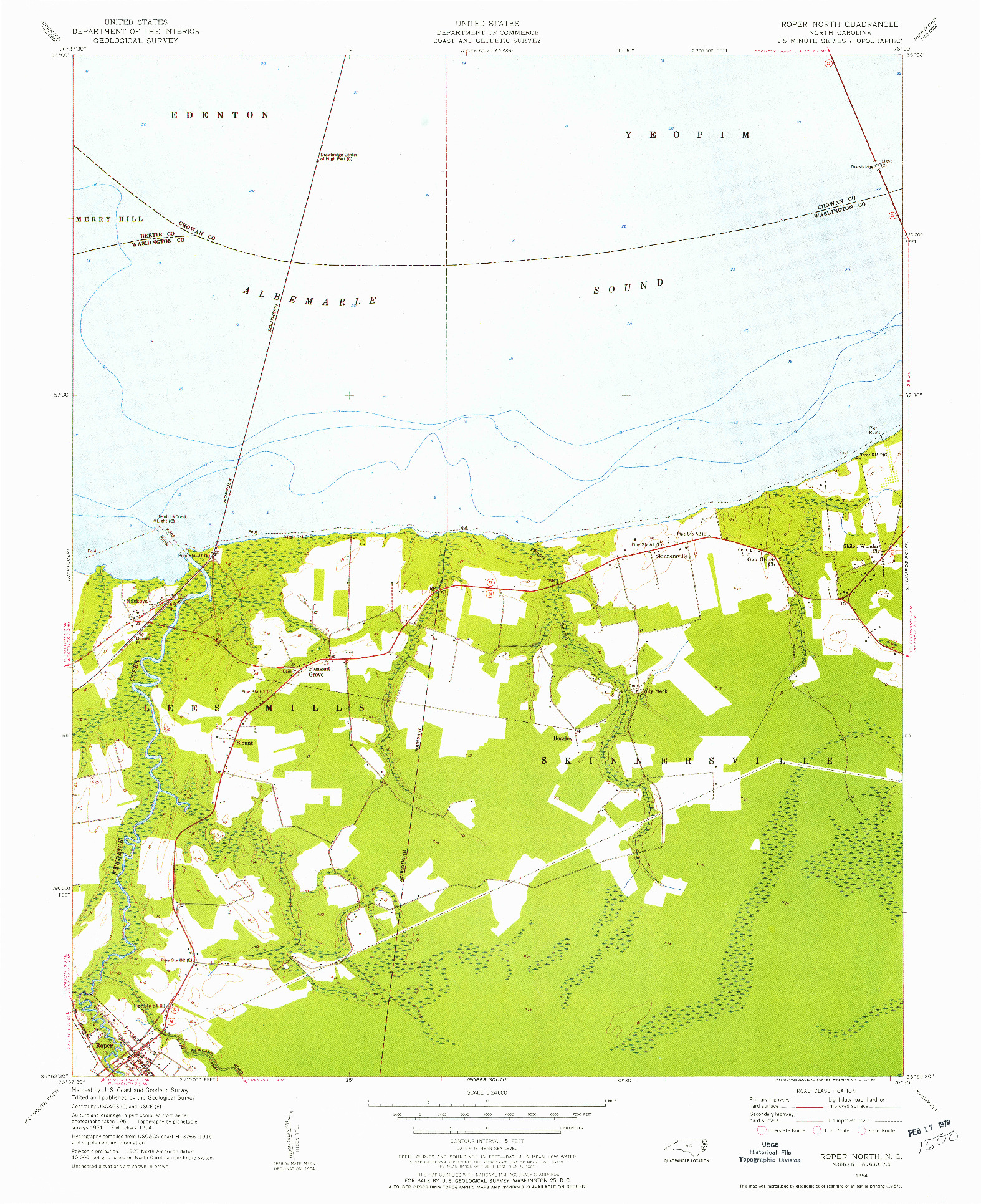 USGS 1:24000-SCALE QUADRANGLE FOR ROPER NORTH, NC 1954