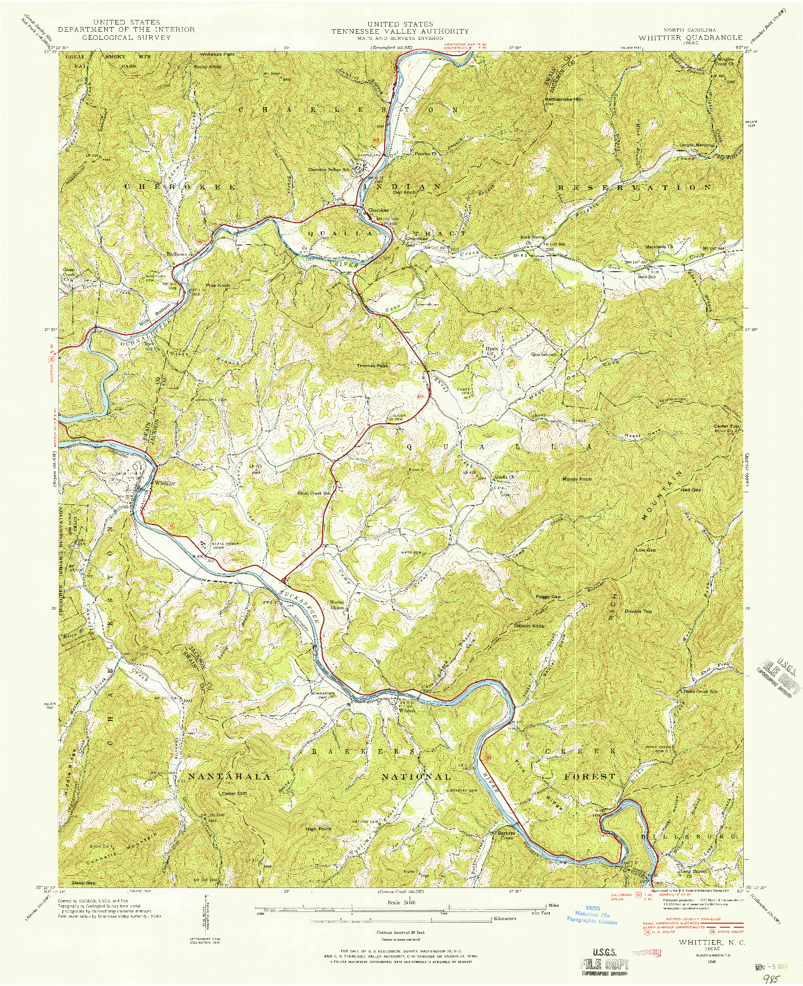 USGS 1:24000-SCALE QUADRANGLE FOR WHITTIER, NC 1940