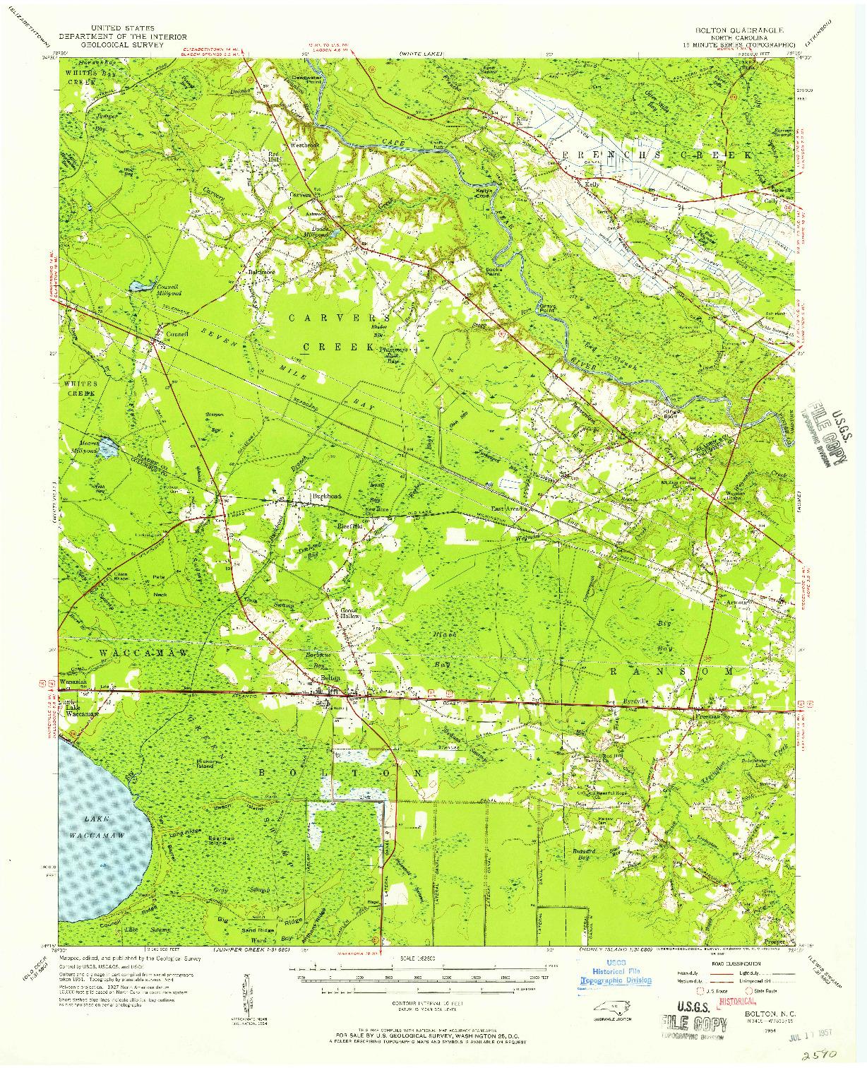 USGS 1:62500-SCALE QUADRANGLE FOR BOLTON, NC 1954