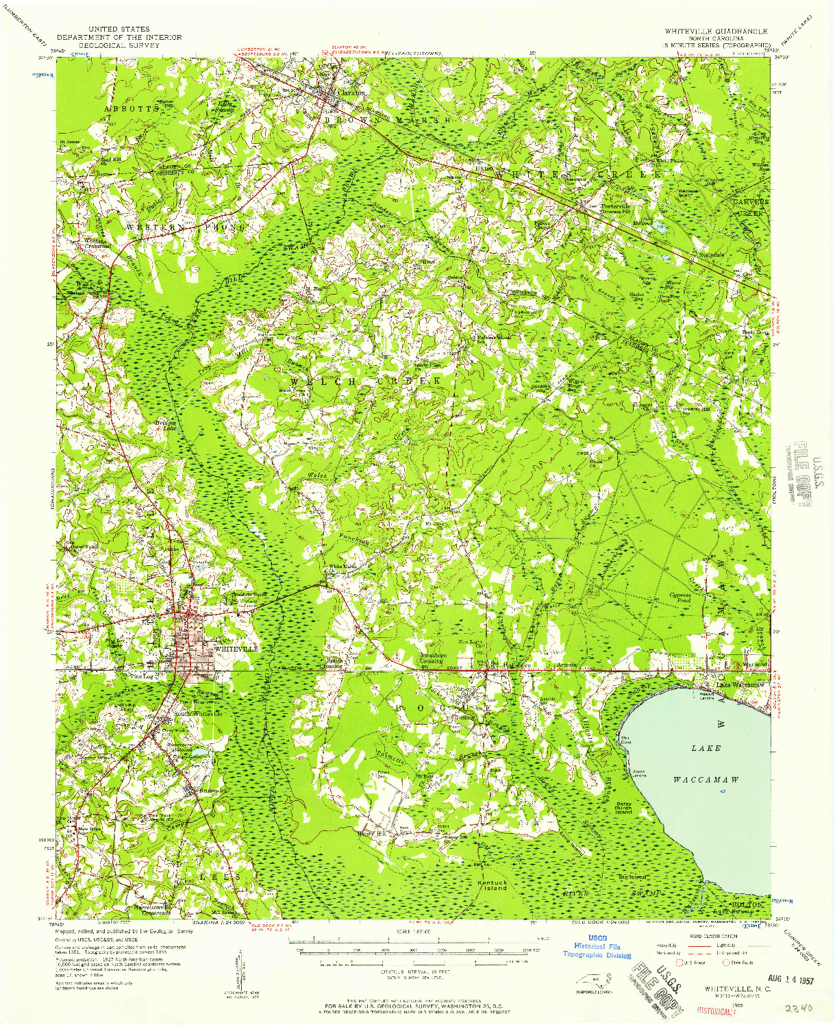 USGS 1:62500-SCALE QUADRANGLE FOR WHITEVILLE, NC 1955