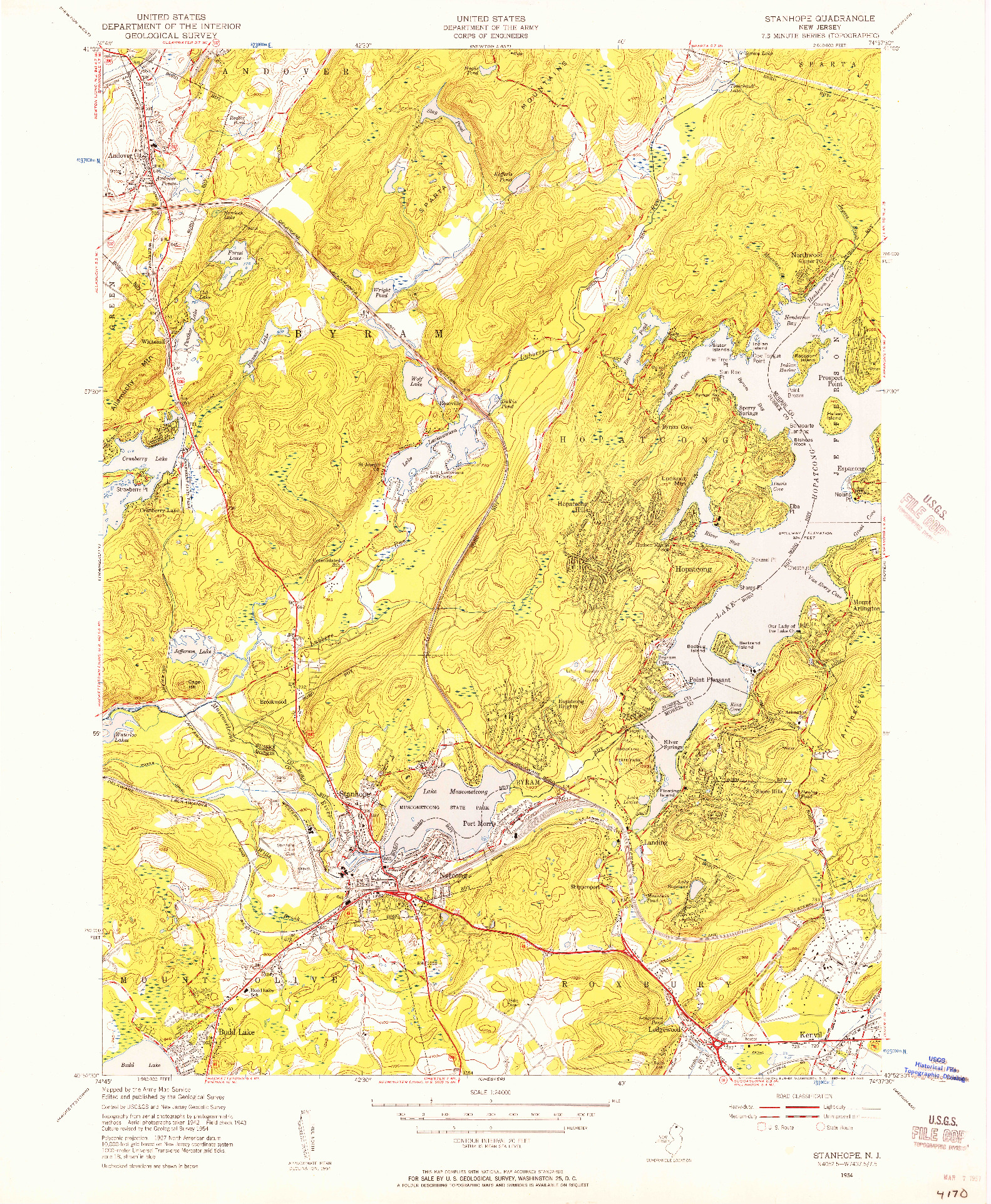 USGS 1:24000-SCALE QUADRANGLE FOR STANHOPE, NJ 1954