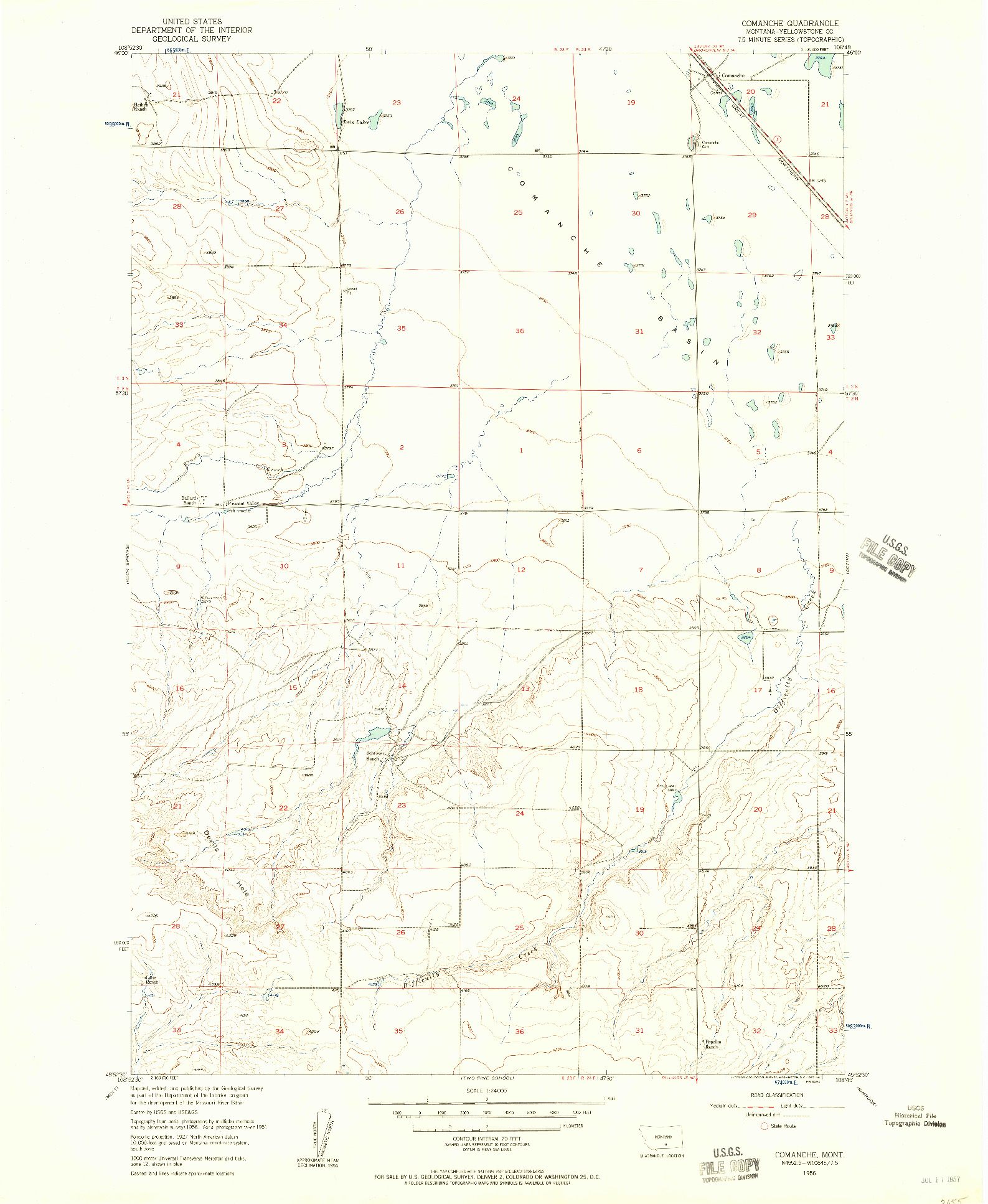 USGS 1:24000-SCALE QUADRANGLE FOR COMANCHE, MT 1956