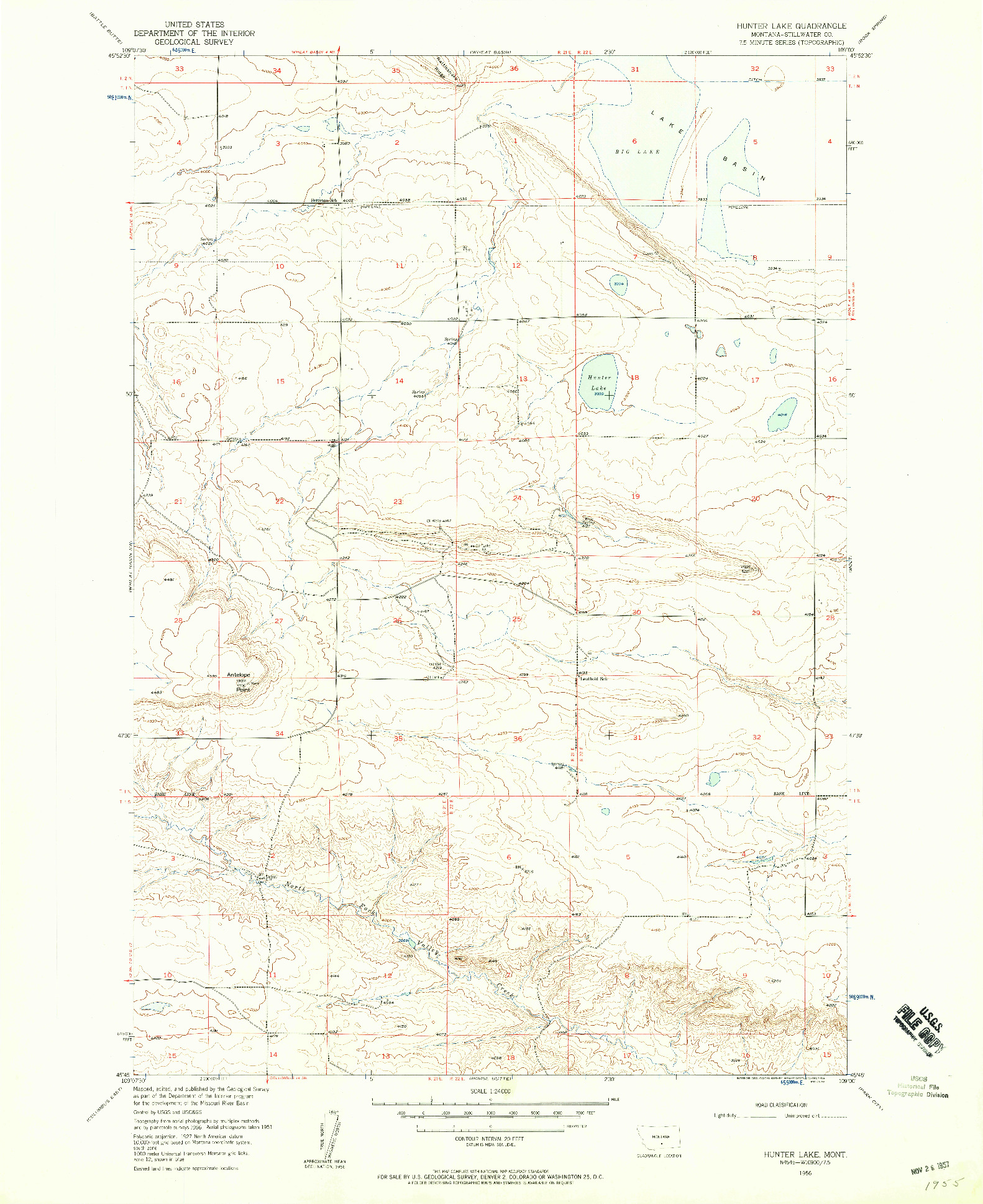USGS 1:24000-SCALE QUADRANGLE FOR HUNTER LAKE, MT 1956