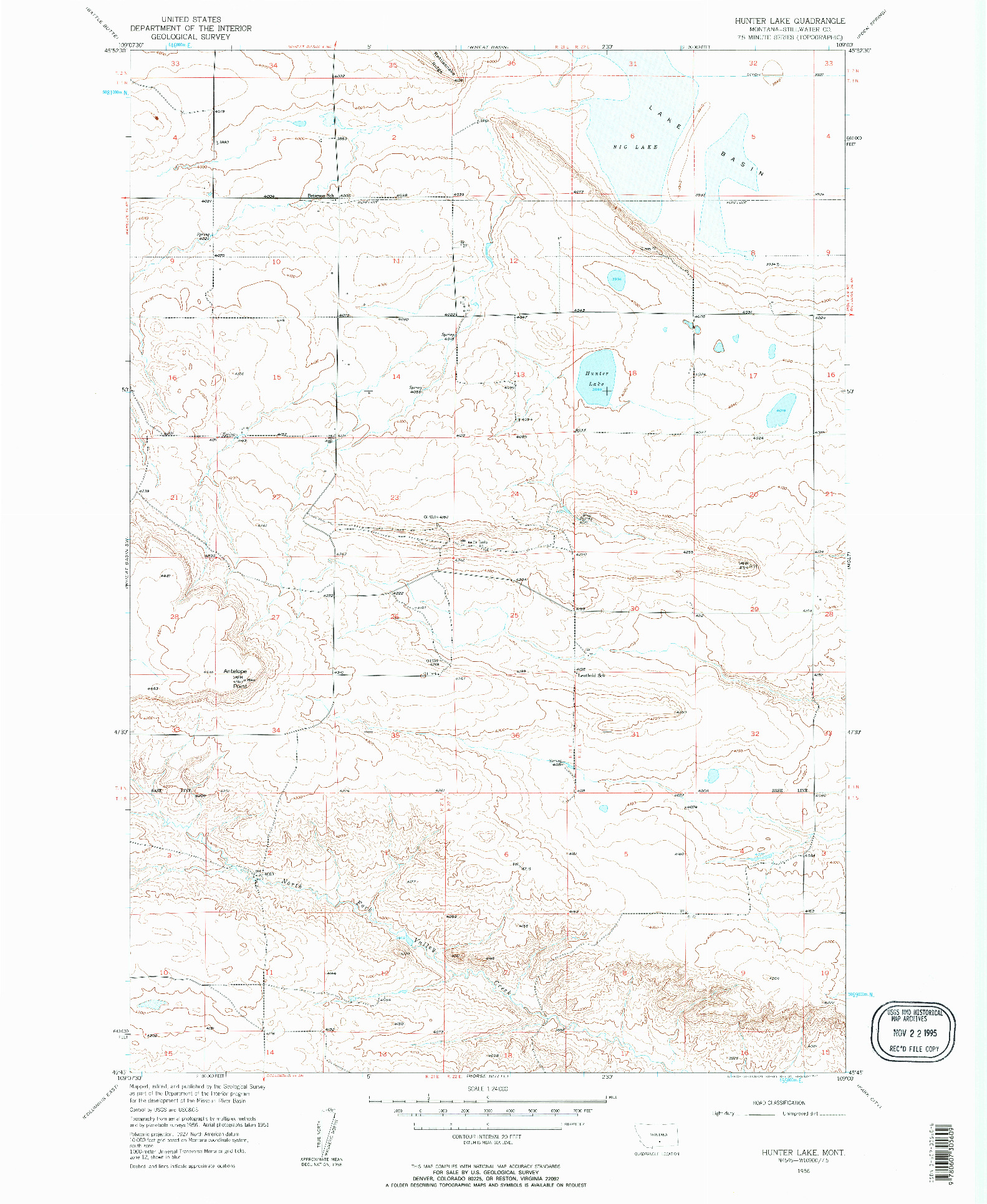 USGS 1:24000-SCALE QUADRANGLE FOR HUNTER LAKE, MT 1956