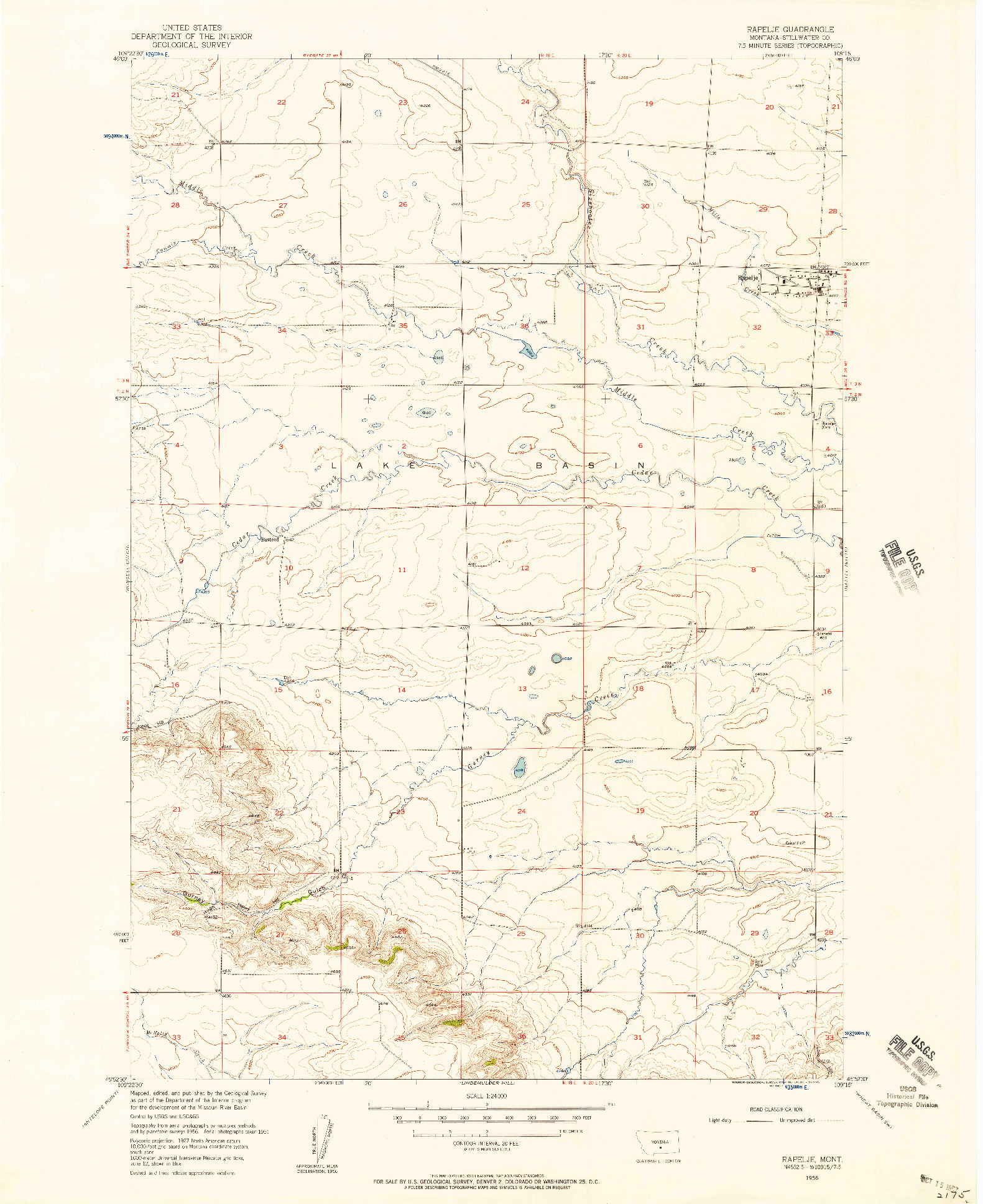 USGS 1:24000-SCALE QUADRANGLE FOR RAPELJE, MT 1956