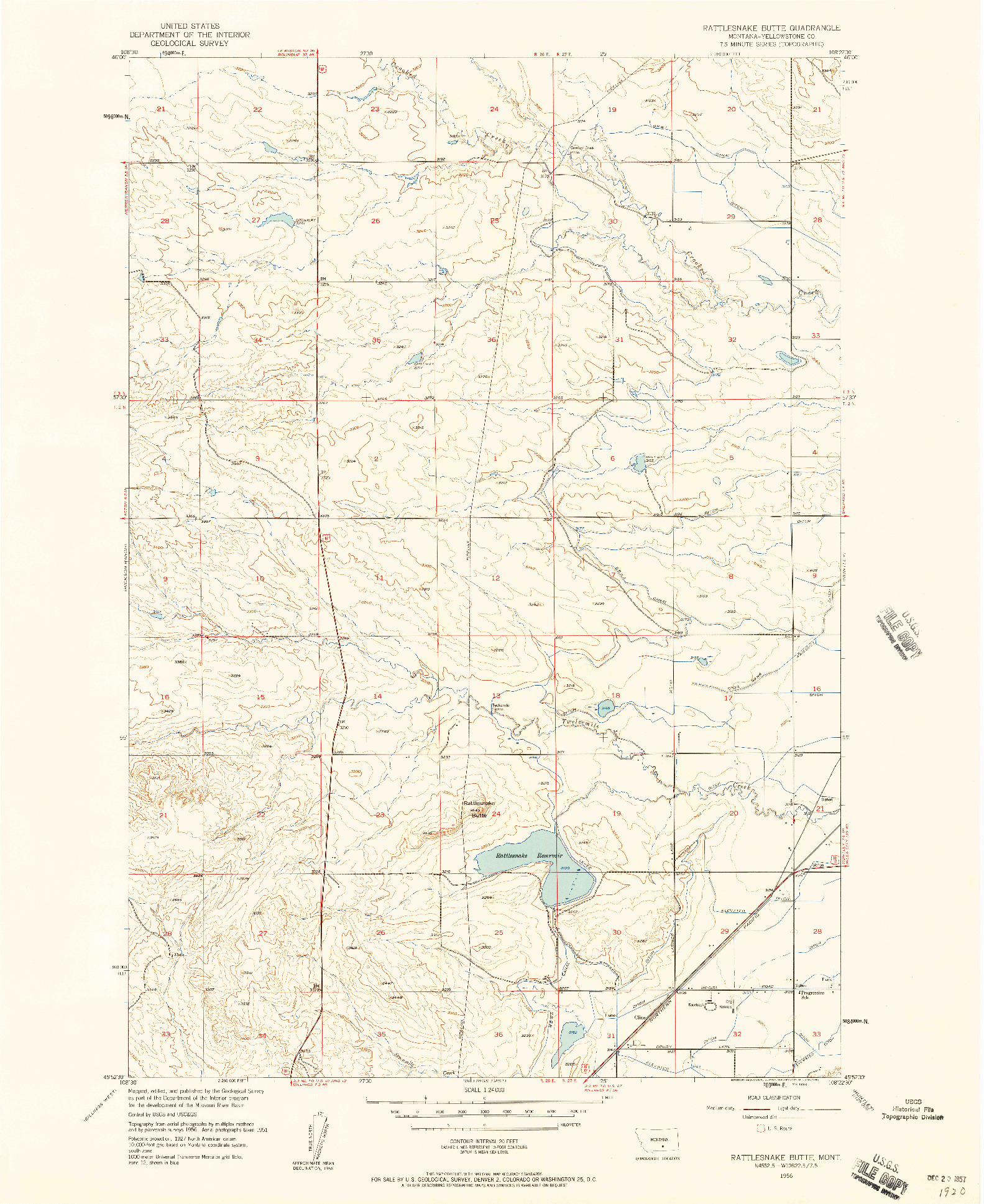 USGS 1:24000-SCALE QUADRANGLE FOR RATTLESNAKE BUTTE, MT 1956