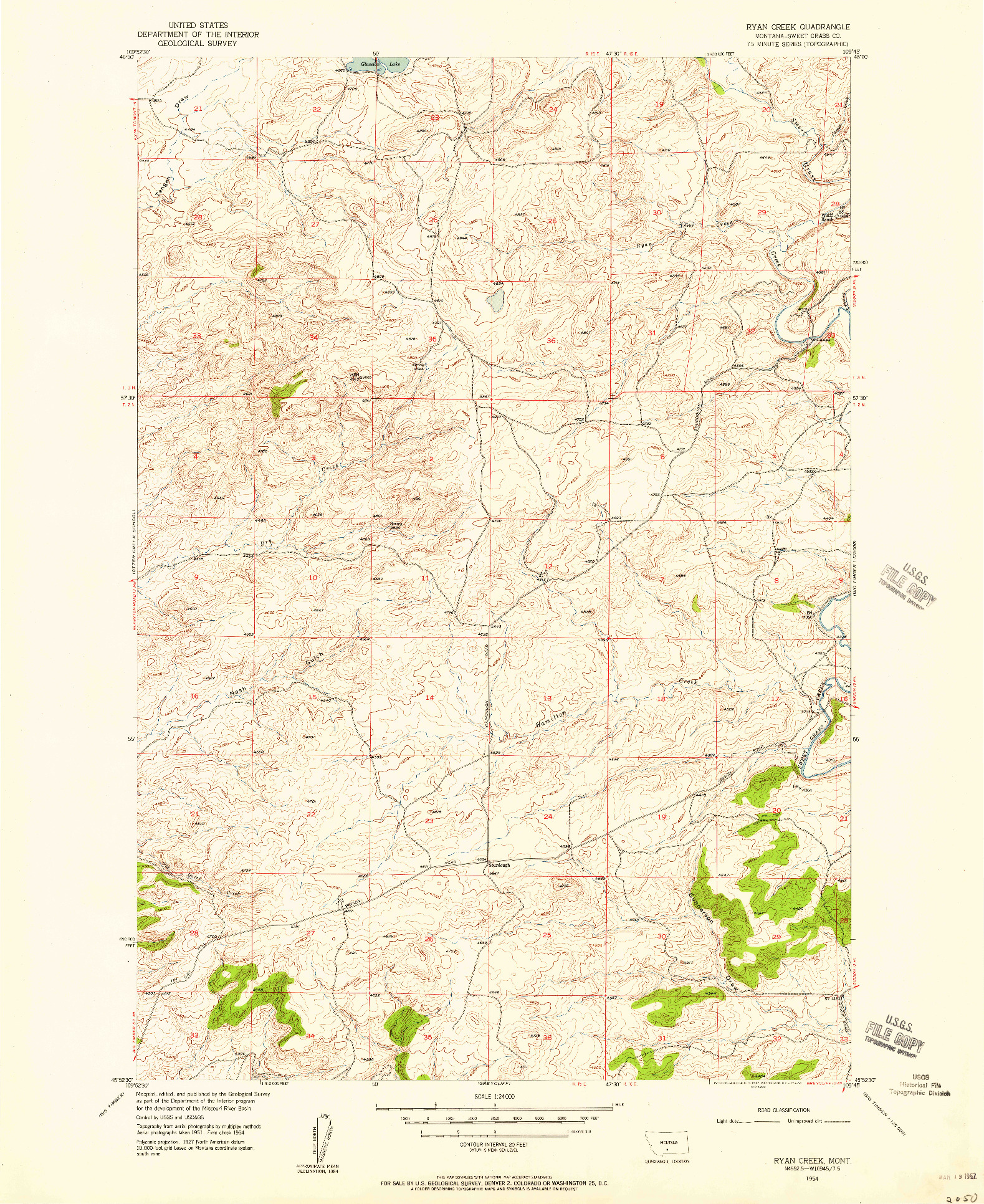 USGS 1:24000-SCALE QUADRANGLE FOR RYAN CREEK, MT 1954