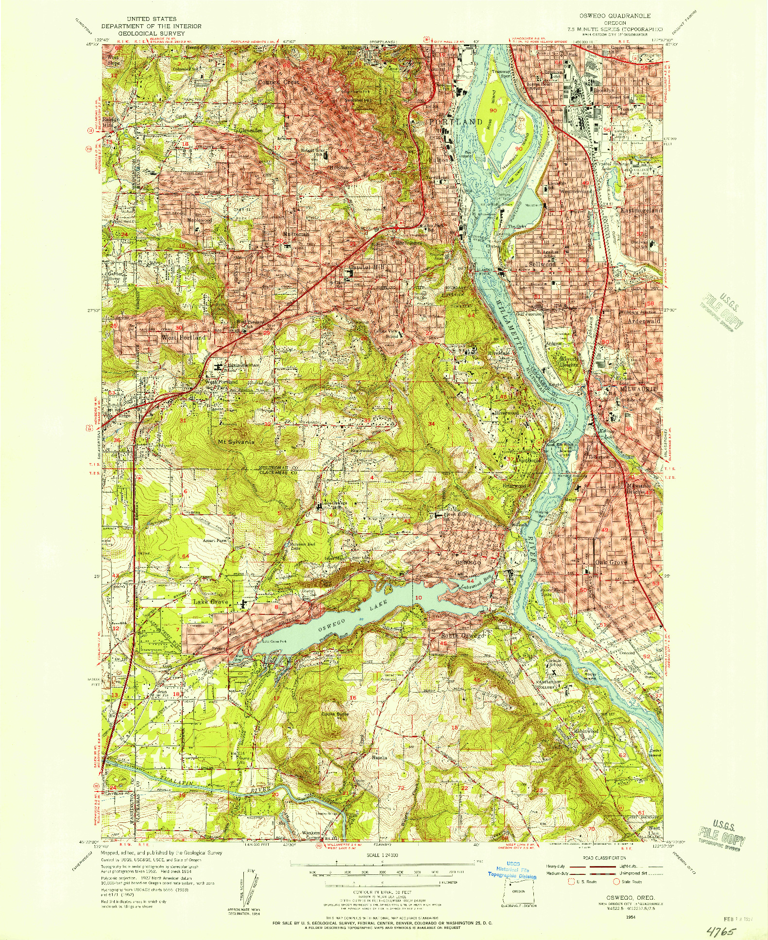 USGS 1:24000-SCALE QUADRANGLE FOR OSWEGO, OR 1954