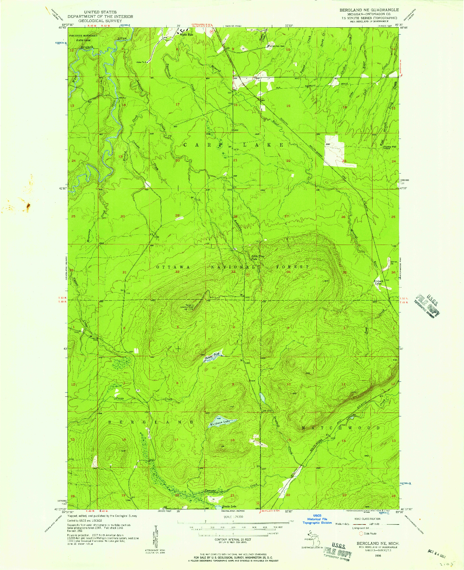 USGS 1:24000-SCALE QUADRANGLE FOR BERGLAND NE, MI 1956