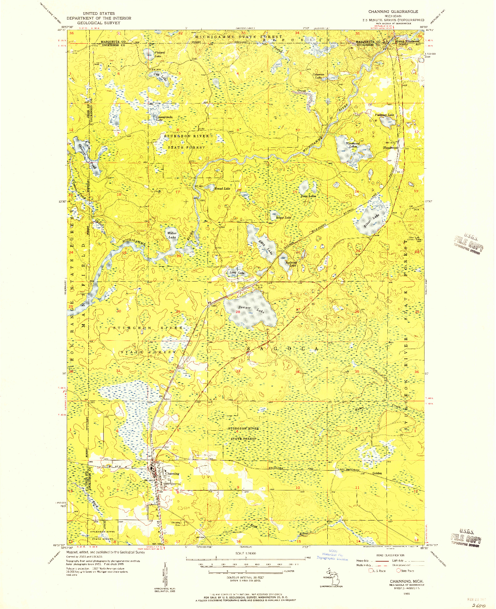 USGS 1:24000-SCALE QUADRANGLE FOR CHANNING, MI 1955