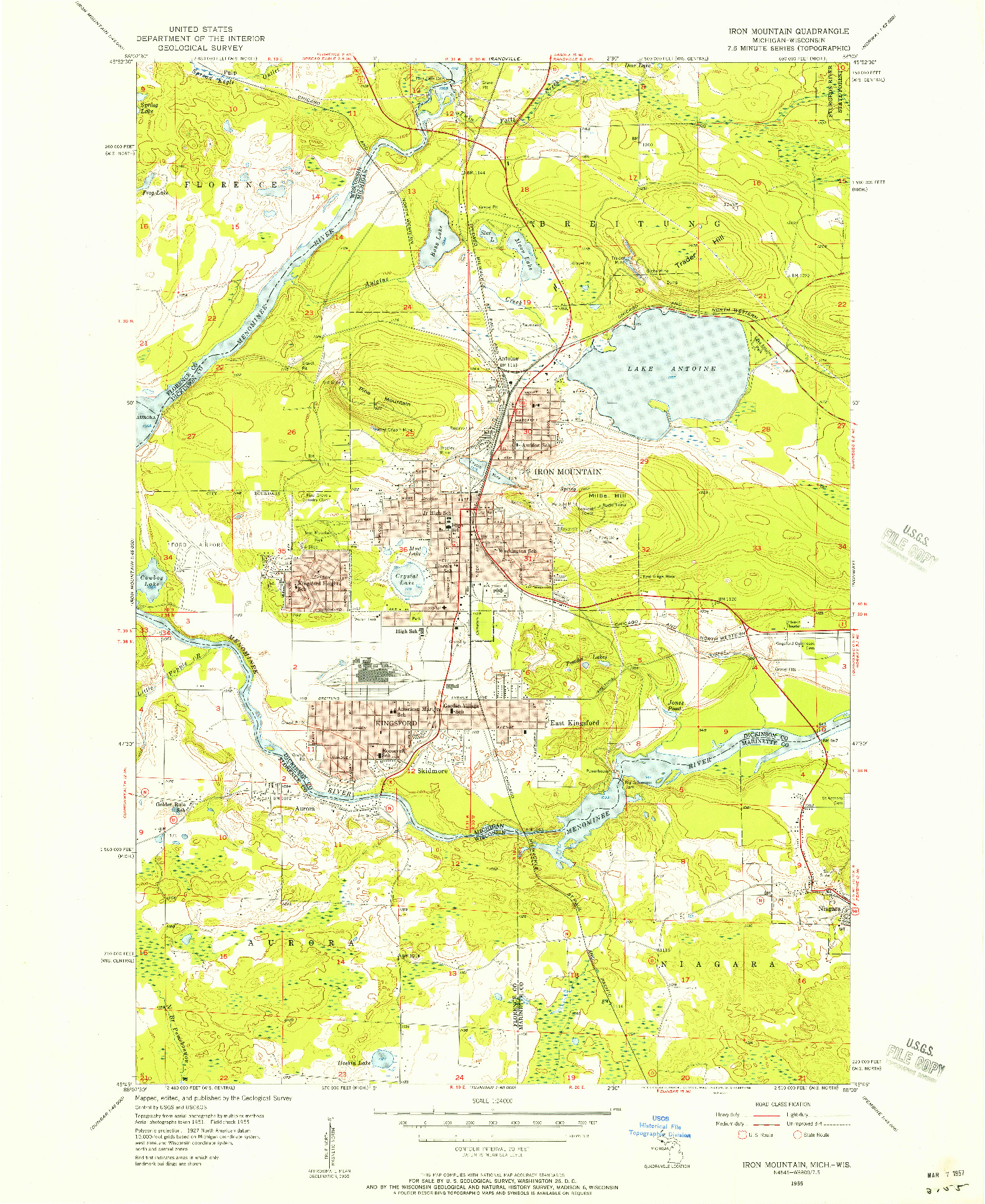 USGS 1:24000-SCALE QUADRANGLE FOR IRON MOUNTAIN, MI 1955