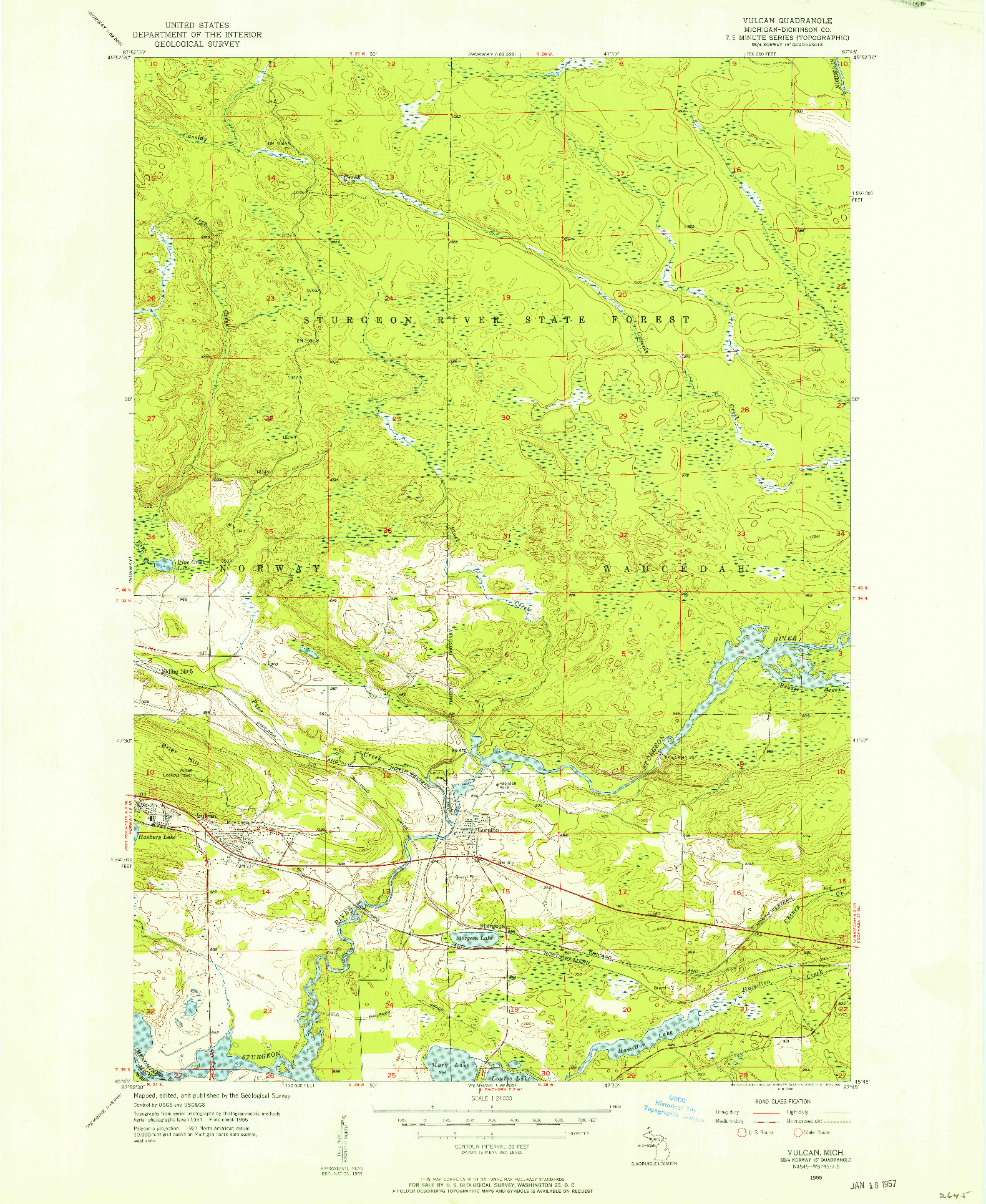 USGS 1:24000-SCALE QUADRANGLE FOR VULCAN, MI 1955