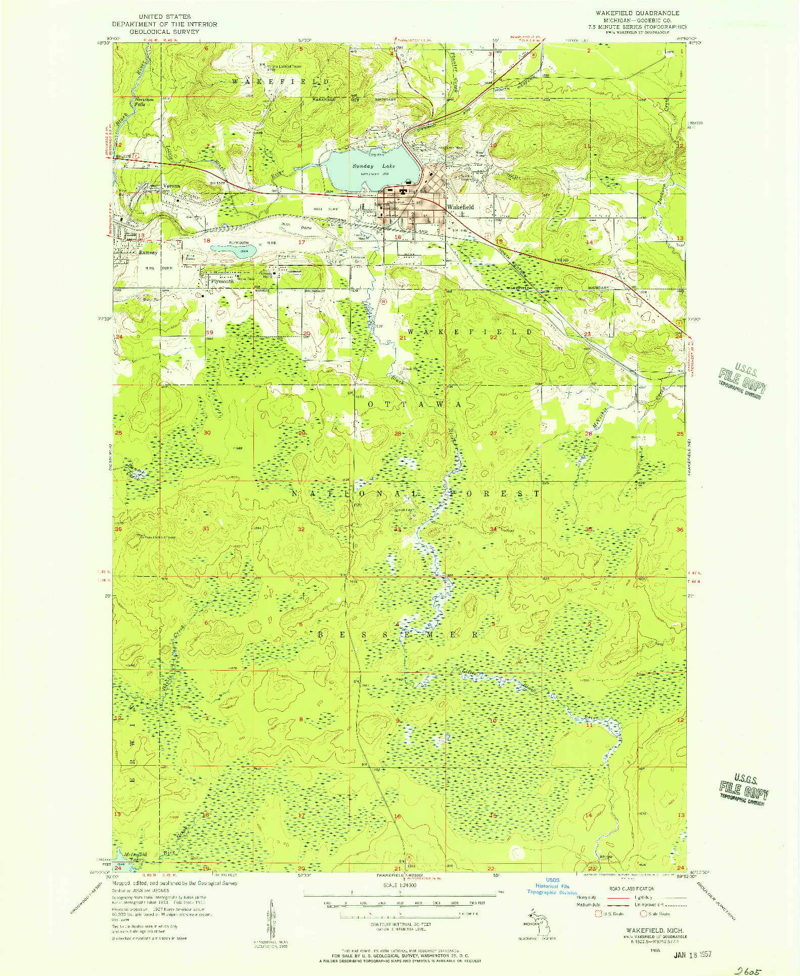 USGS 1:24000-SCALE QUADRANGLE FOR WAKEFIELD, MI 1955