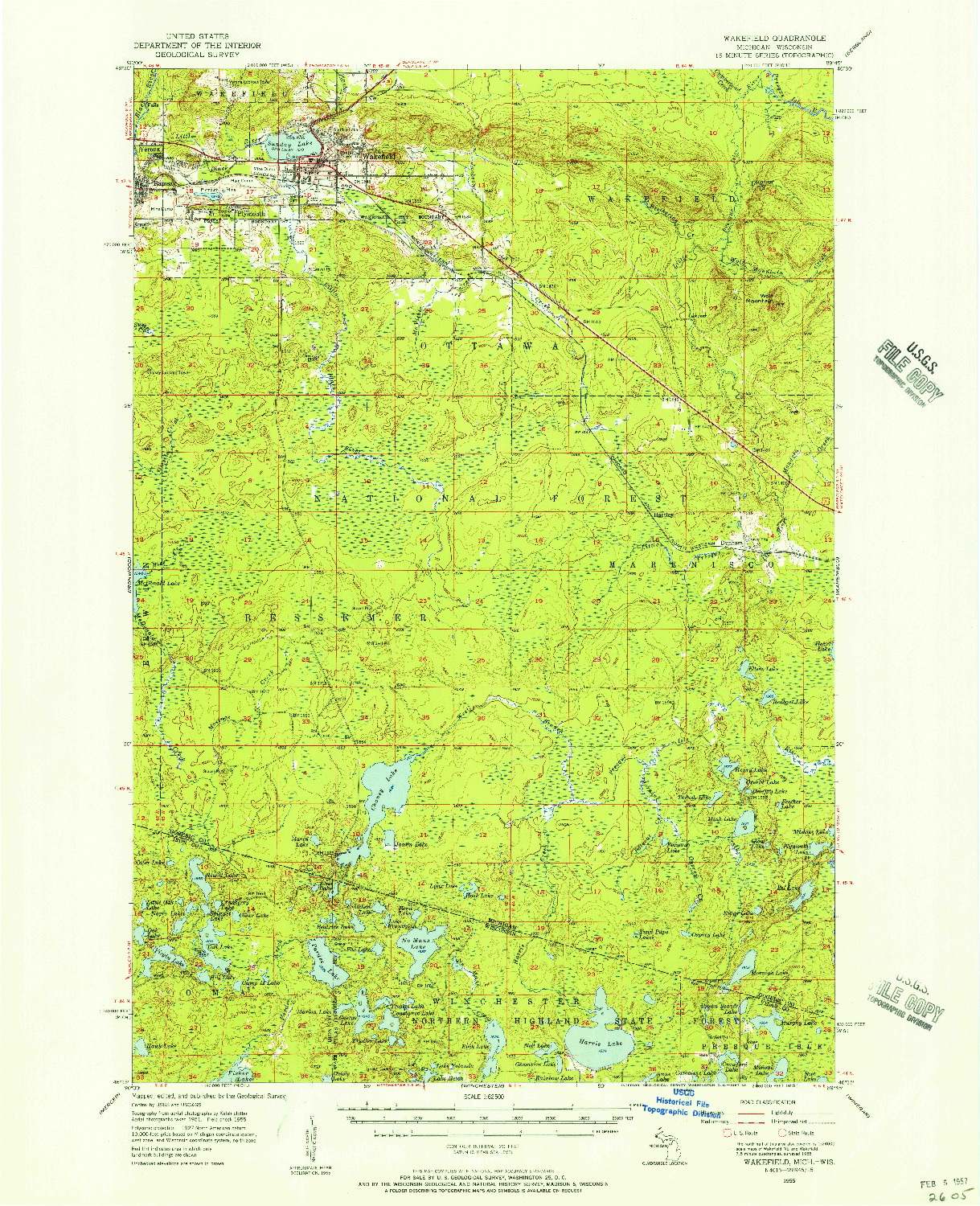 USGS 1:62500-SCALE QUADRANGLE FOR WAKEFIELD, MI 1955