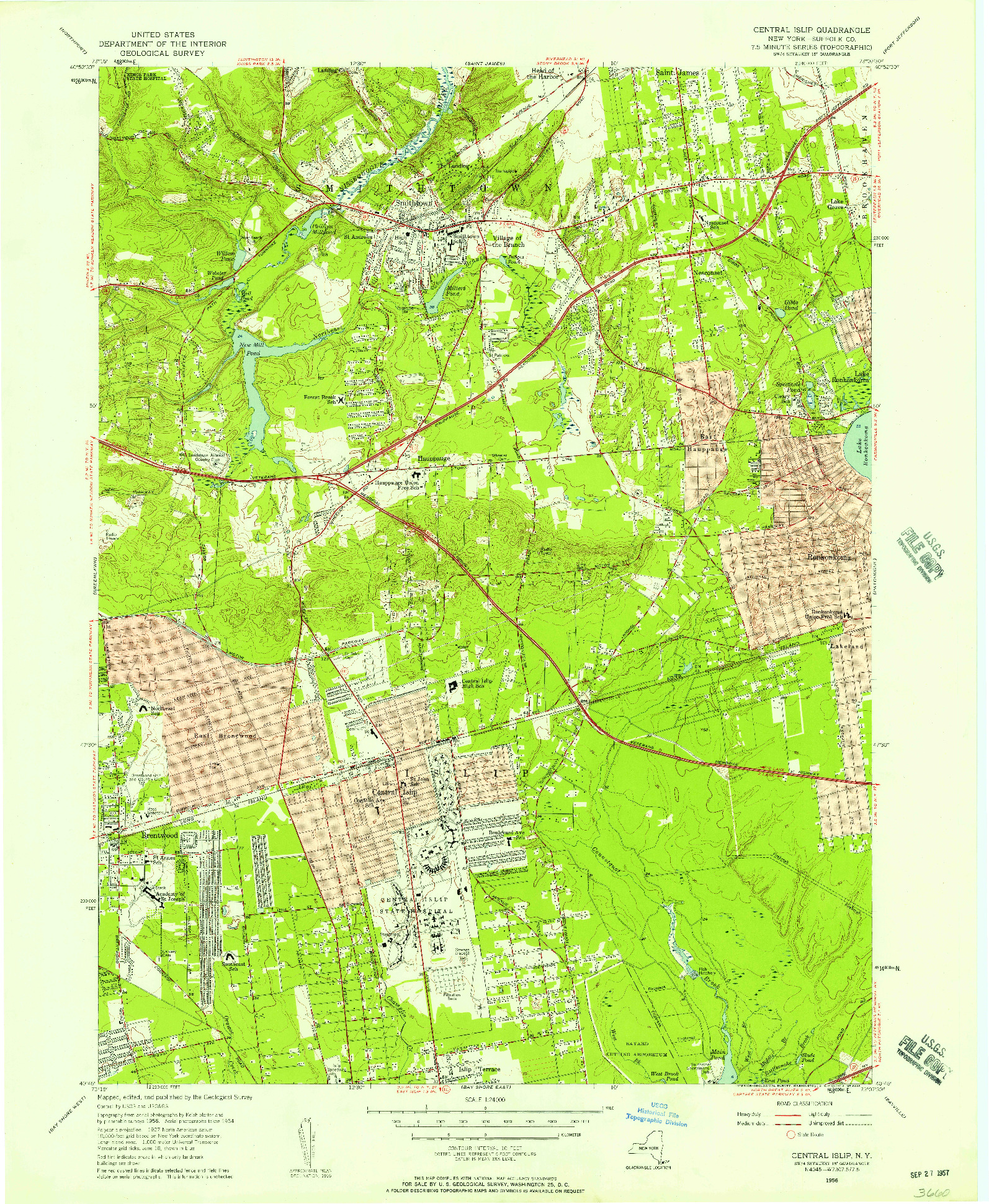 USGS 1:24000-SCALE QUADRANGLE FOR CENTRAL ISLIP, NY 1956