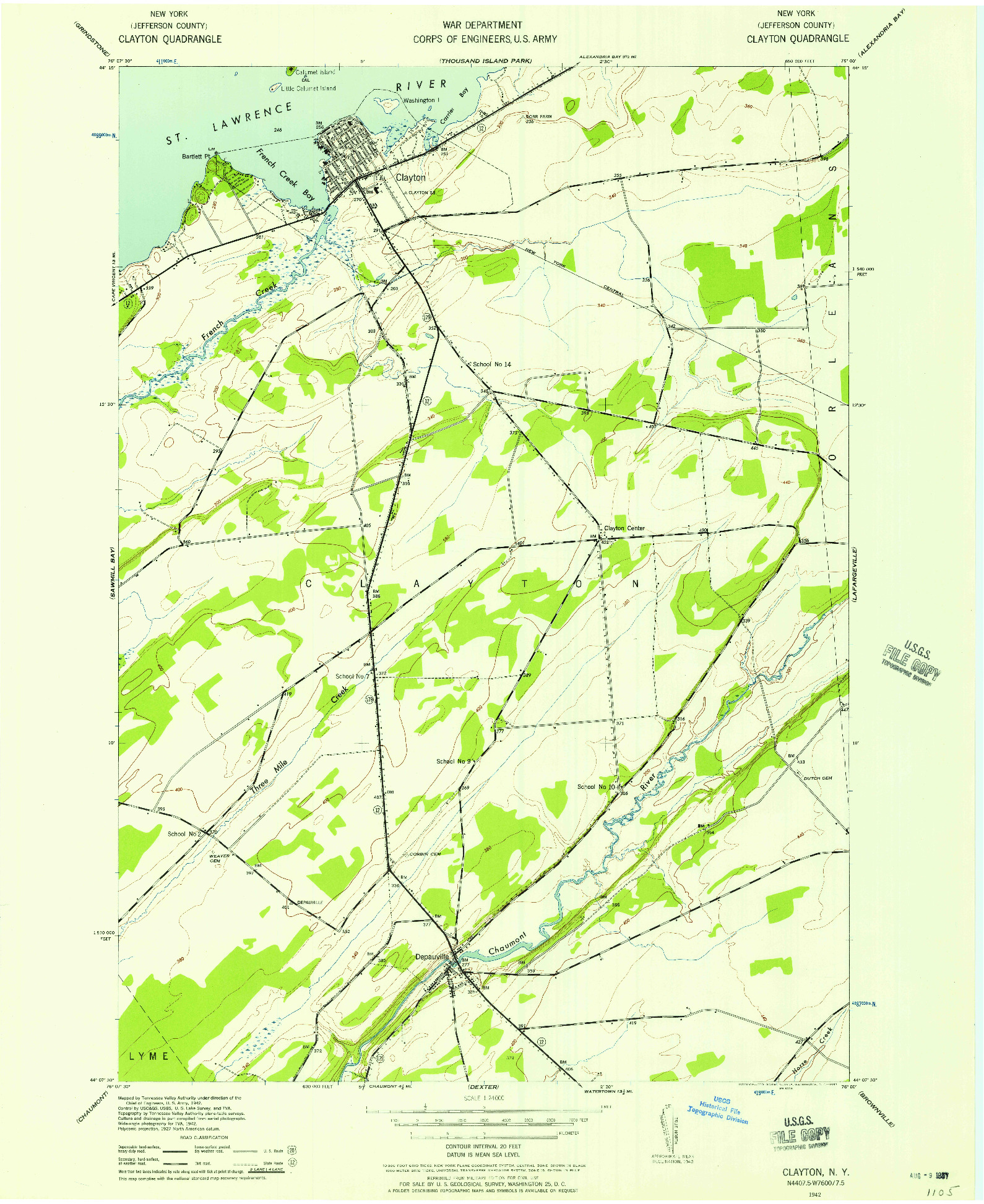USGS 1:24000-SCALE QUADRANGLE FOR CLAYTON, NY 1942