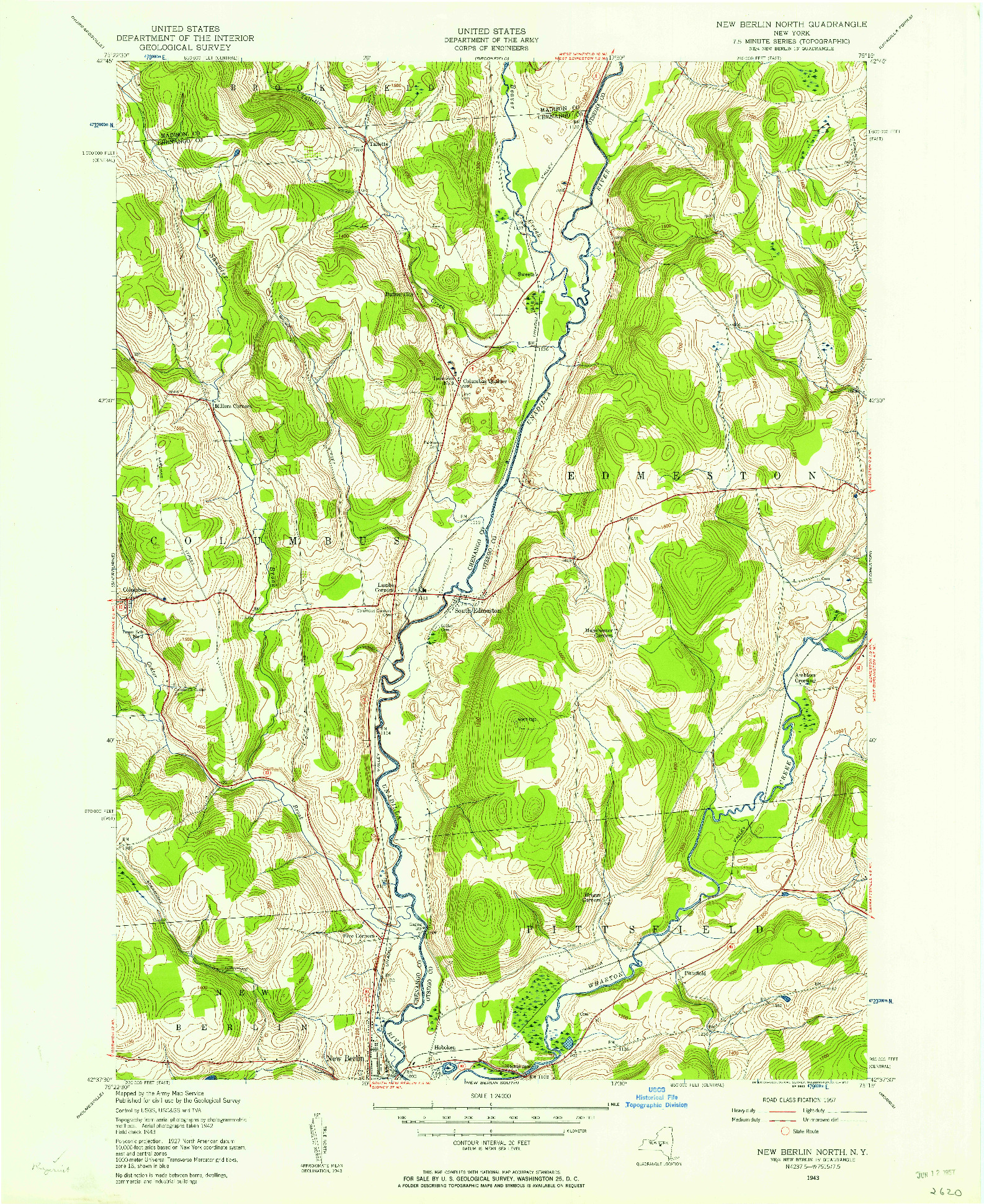 USGS 1:24000-SCALE QUADRANGLE FOR NEW BERLIN NORTH, NY 1943