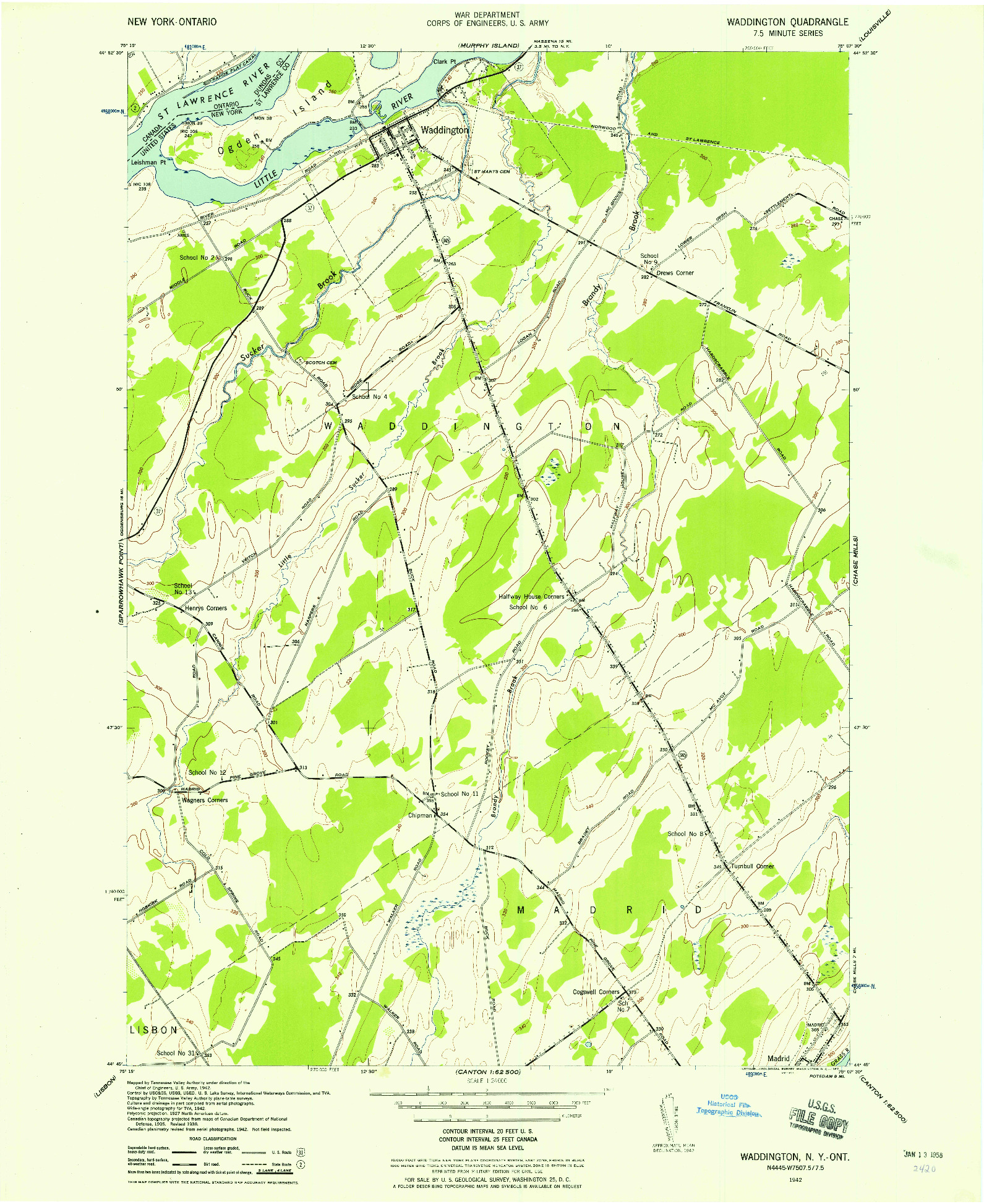 USGS 1:24000-SCALE QUADRANGLE FOR WADDINGTON, NY 1942