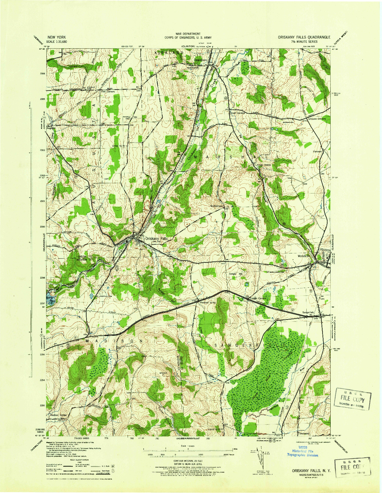 USGS 1:31680-SCALE QUADRANGLE FOR ORISKANY FALLS, NY 1944