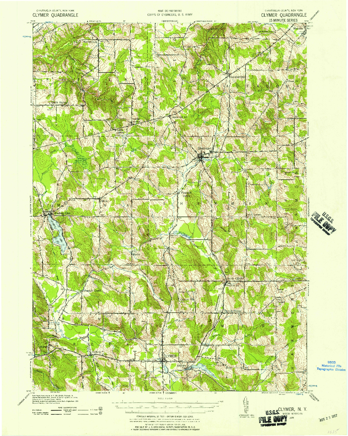 USGS 1:62500-SCALE QUADRANGLE FOR CLYMER, NY 1939