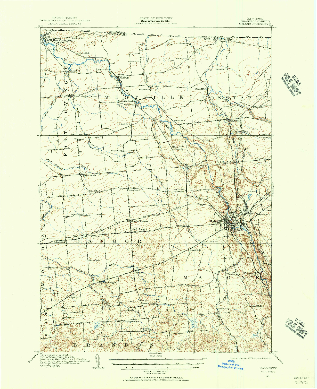 USGS 1:62500-SCALE QUADRANGLE FOR MALONE, NY 1915