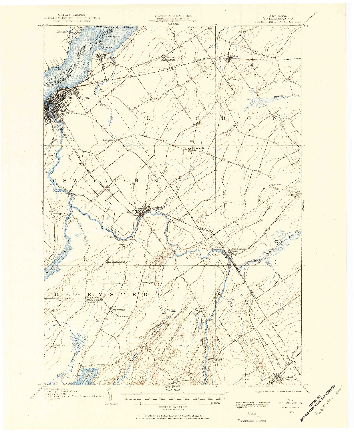 USGS 1:62500-SCALE QUADRANGLE FOR OGDENSBURG, NY 1904