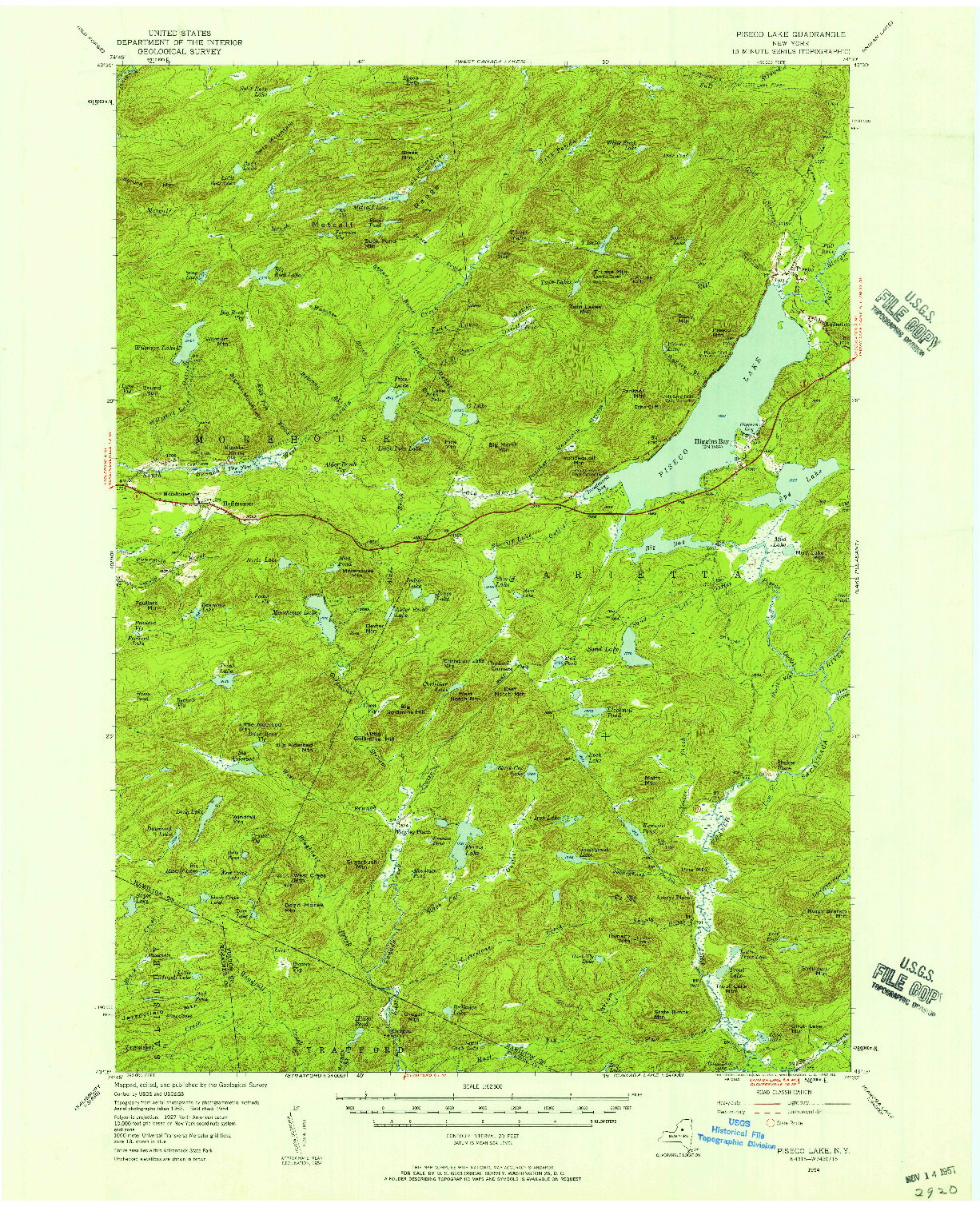 USGS 1:62500-SCALE QUADRANGLE FOR PISECO LAKE, NY 1954