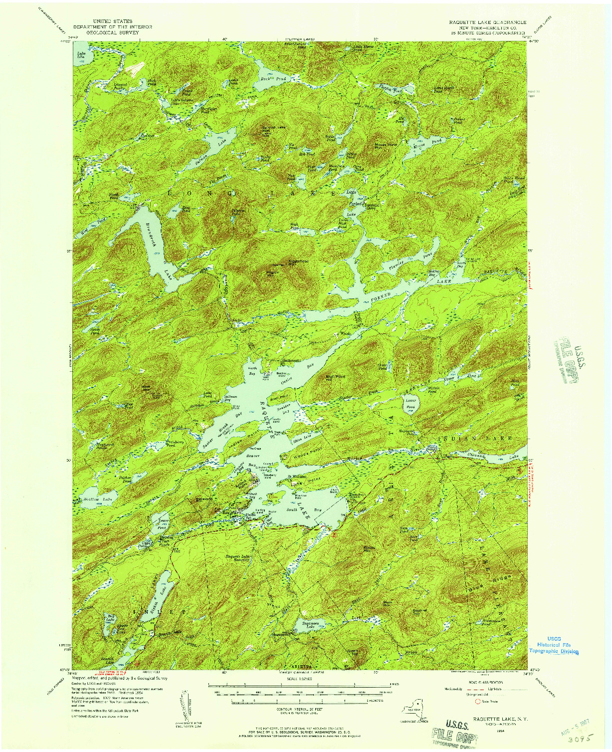 USGS 1:62500-SCALE QUADRANGLE FOR RAQUETTE LAKE, NY 1954