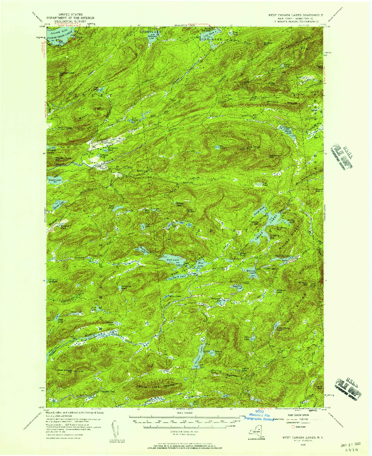 USGS 1:62500-SCALE QUADRANGLE FOR WEST CANADA LAKES, NY 1954