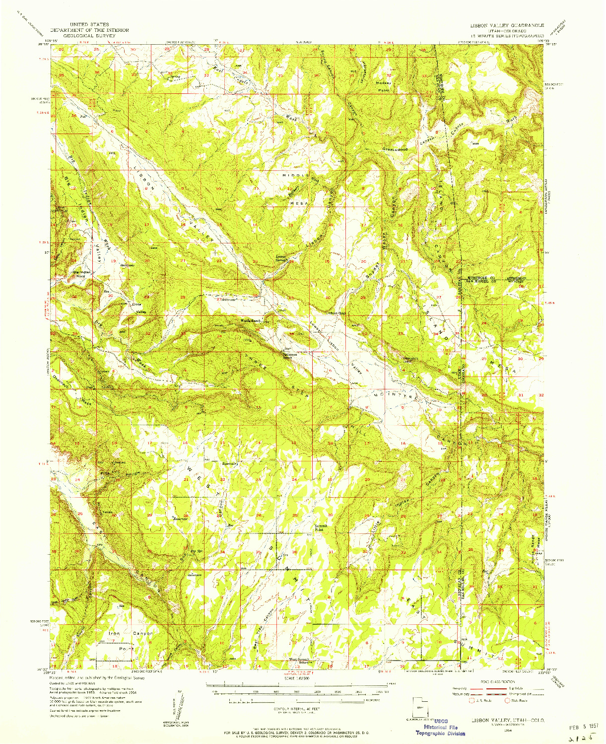 USGS 1:62500-SCALE QUADRANGLE FOR LISBON VALLEY, UT 1954