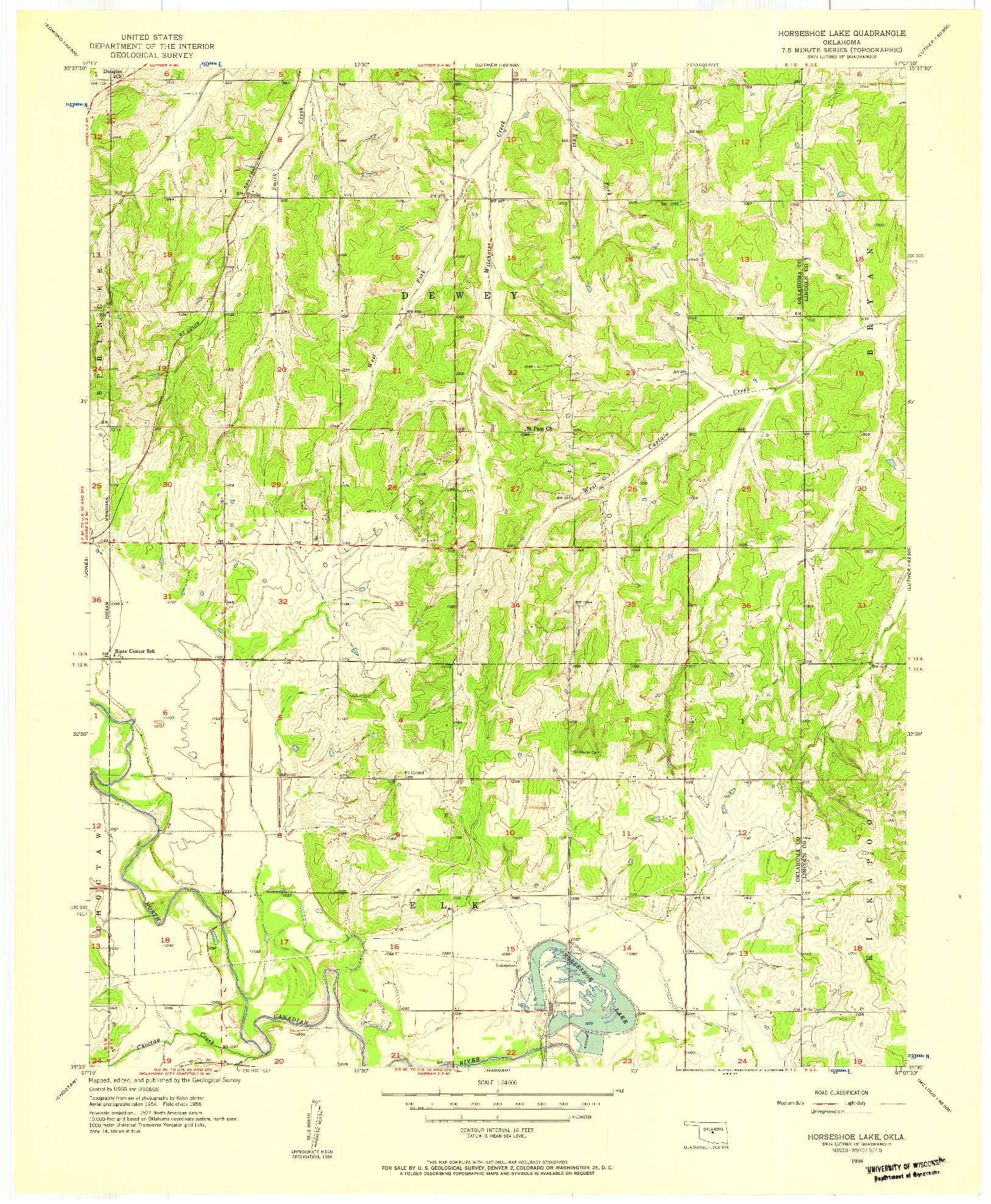 USGS 1:24000-SCALE QUADRANGLE FOR HORSESHOE LAKE, OK 1956