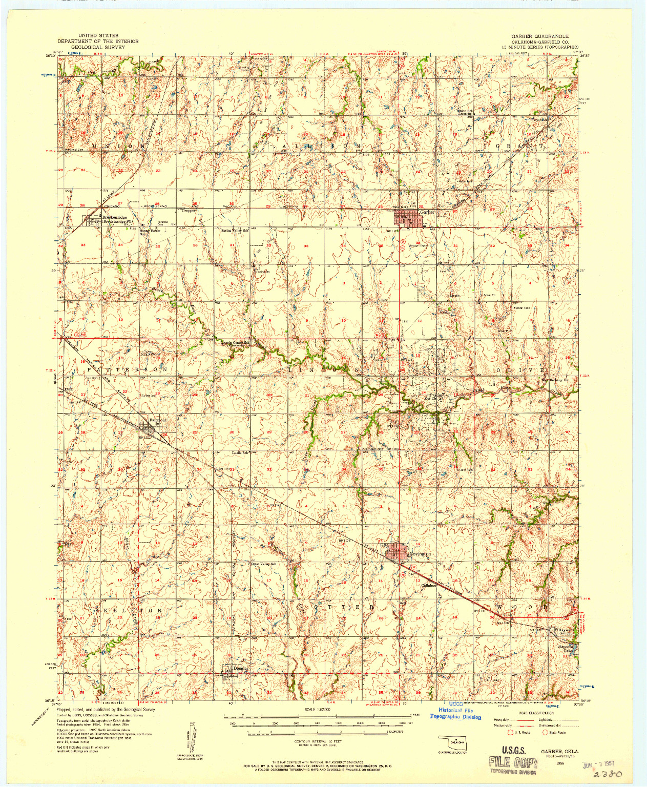 USGS 1:62500-SCALE QUADRANGLE FOR GARBER, OK 1956