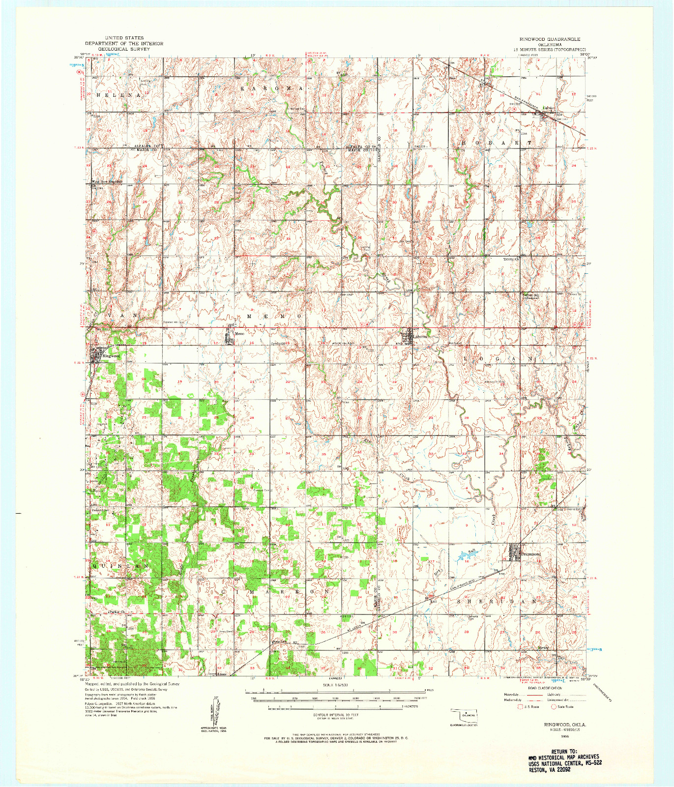 USGS 1:62500-SCALE QUADRANGLE FOR RINGWOOD, OK 1956
