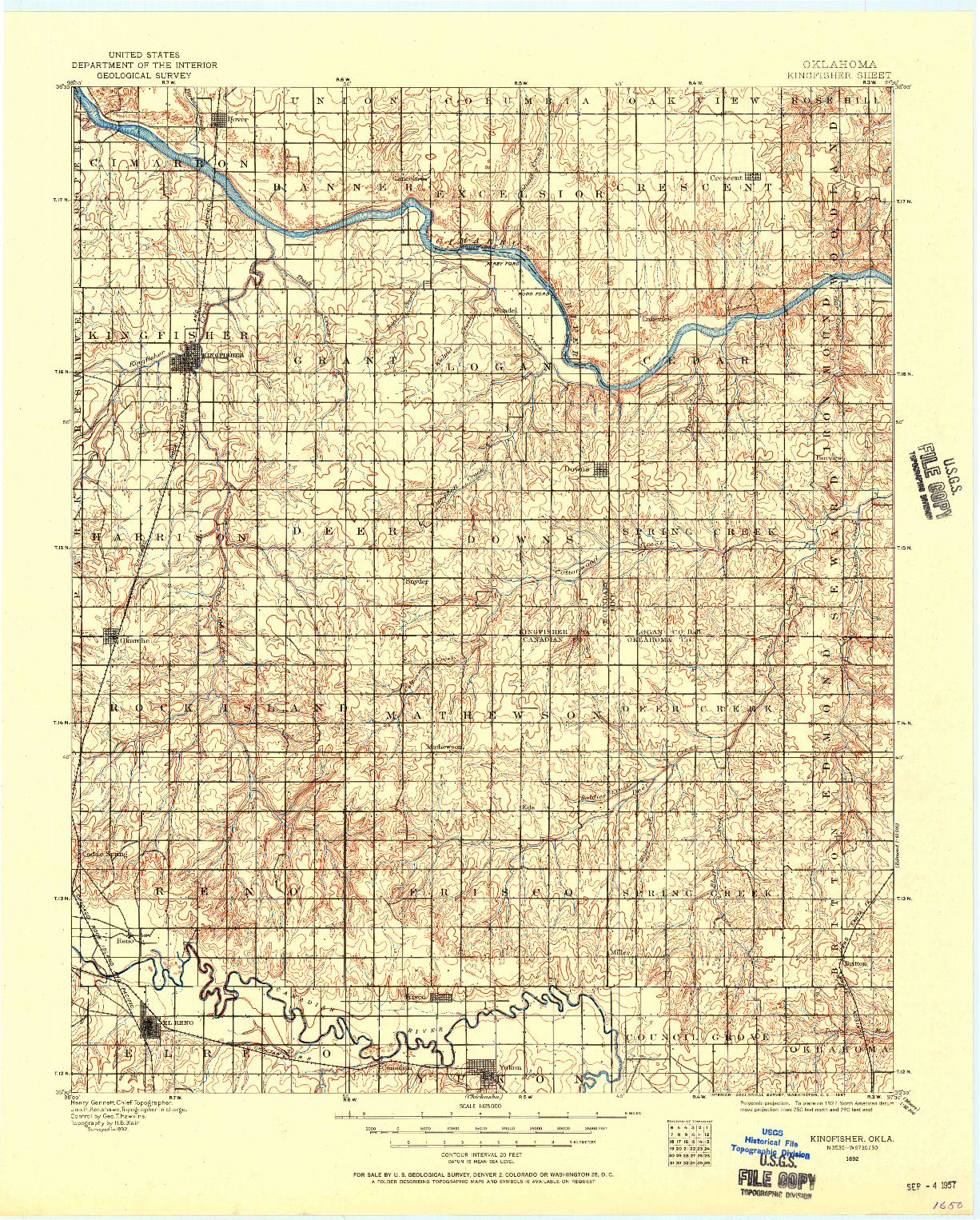 USGS 1:125000-SCALE QUADRANGLE FOR KINGFISHER, OK 1892