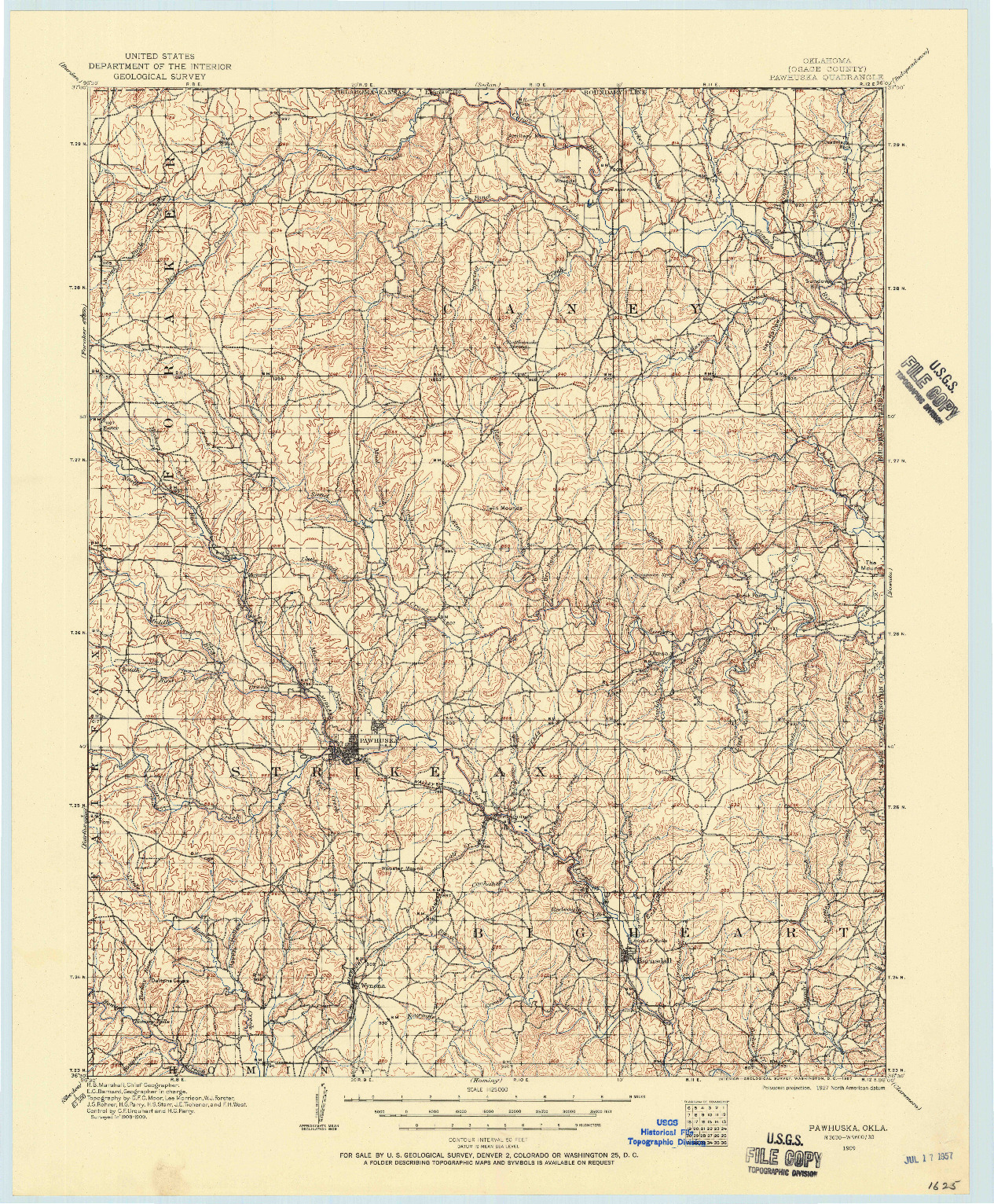 USGS 1:125000-SCALE QUADRANGLE FOR PAWHUSKA, OK 1909