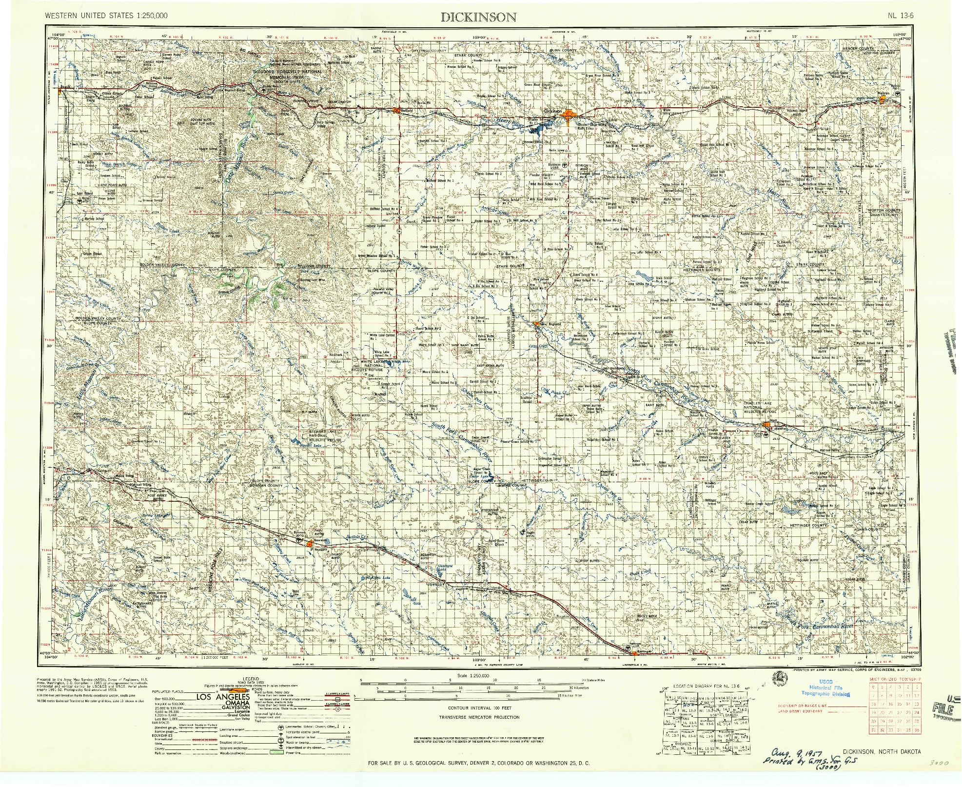 USGS 1:250000-SCALE QUADRANGLE FOR DICKINSON, ND 1957