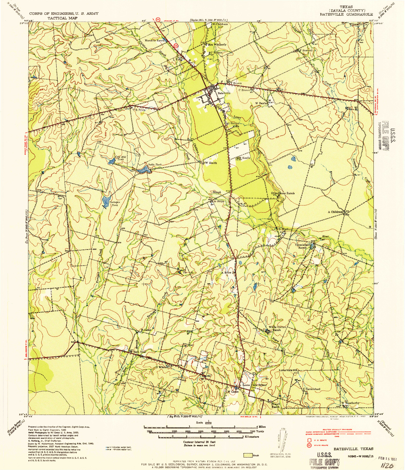 USGS 1:62500-SCALE QUADRANGLE FOR BATESVILLE, TX 1957