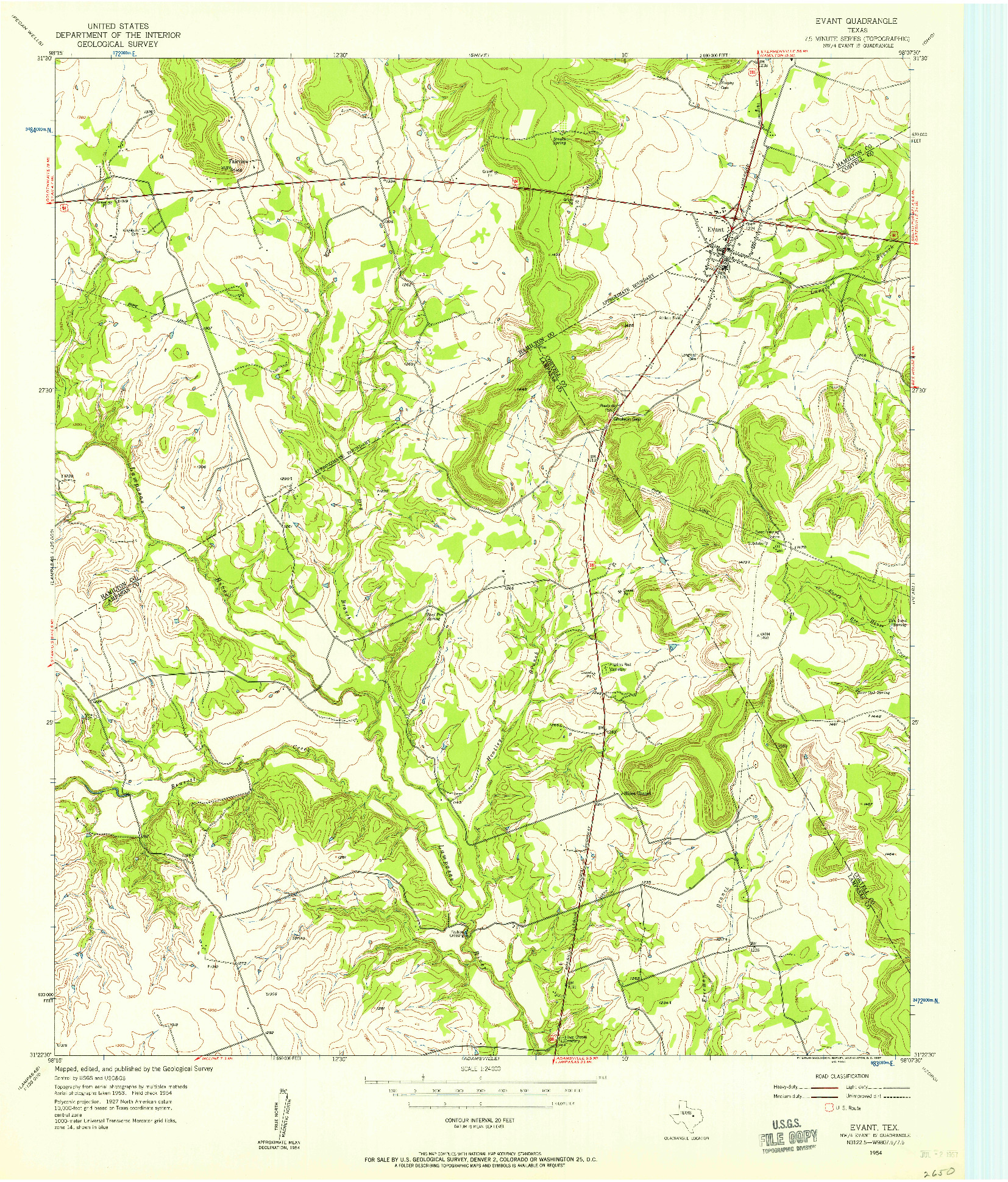 USGS 1:24000-SCALE QUADRANGLE FOR EVANT, TX 1954