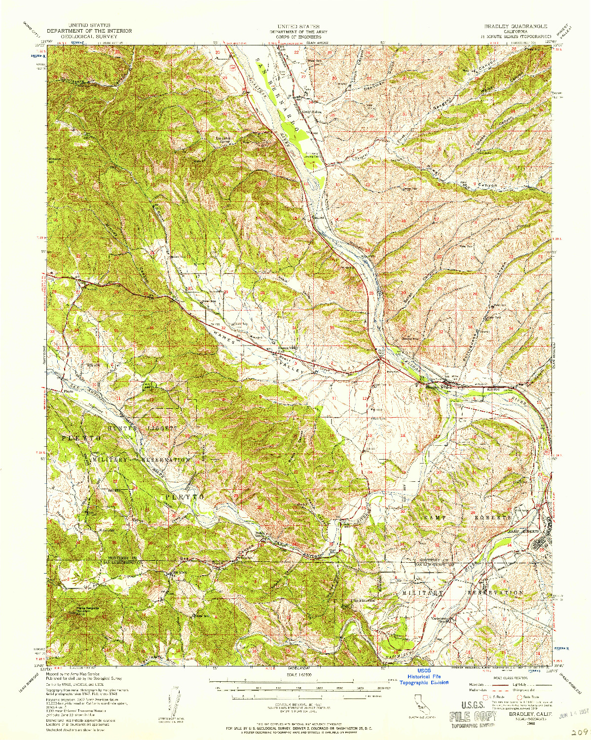 USGS 1:62500-SCALE QUADRANGLE FOR BRADLEY, CA 1948