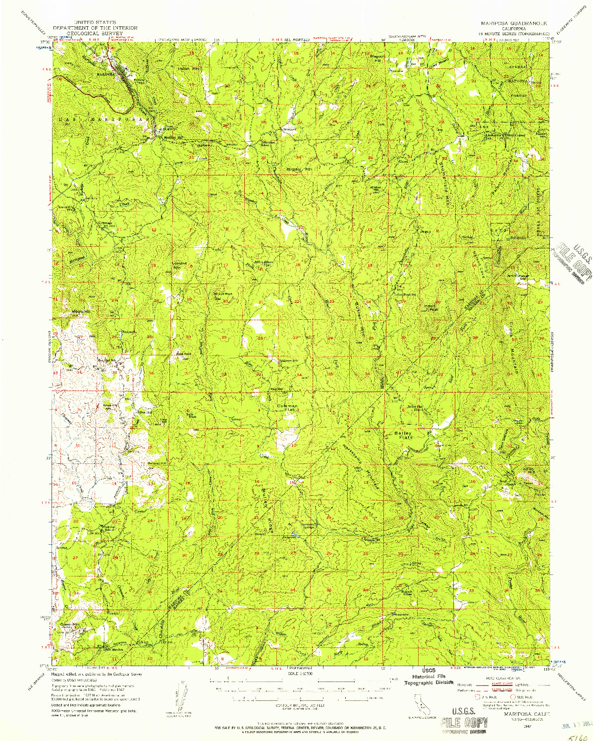 USGS 1:62500-SCALE QUADRANGLE FOR MARIPOSA, CA 1947