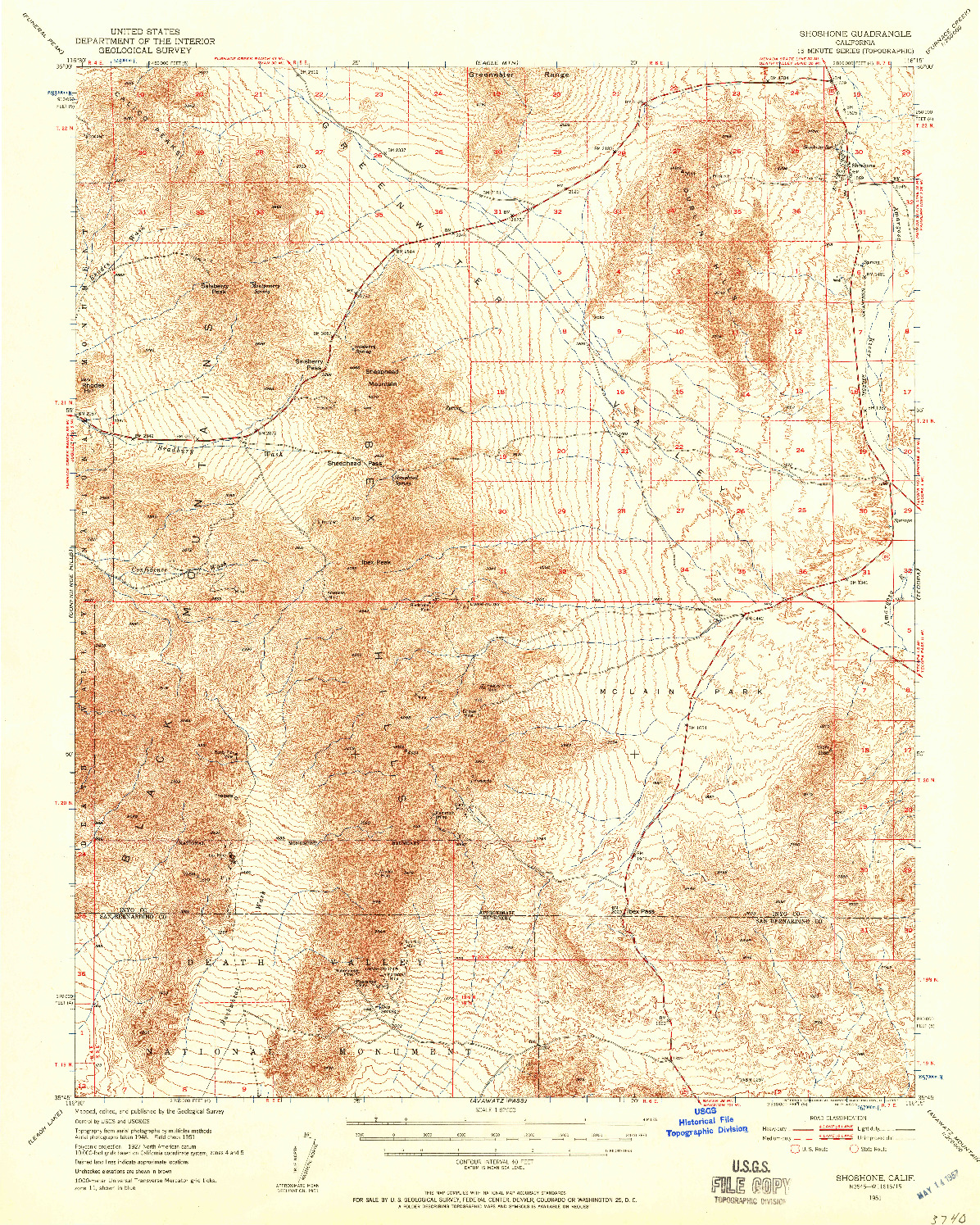 USGS 1:62500-SCALE QUADRANGLE FOR SHOSHONE, CA 1951