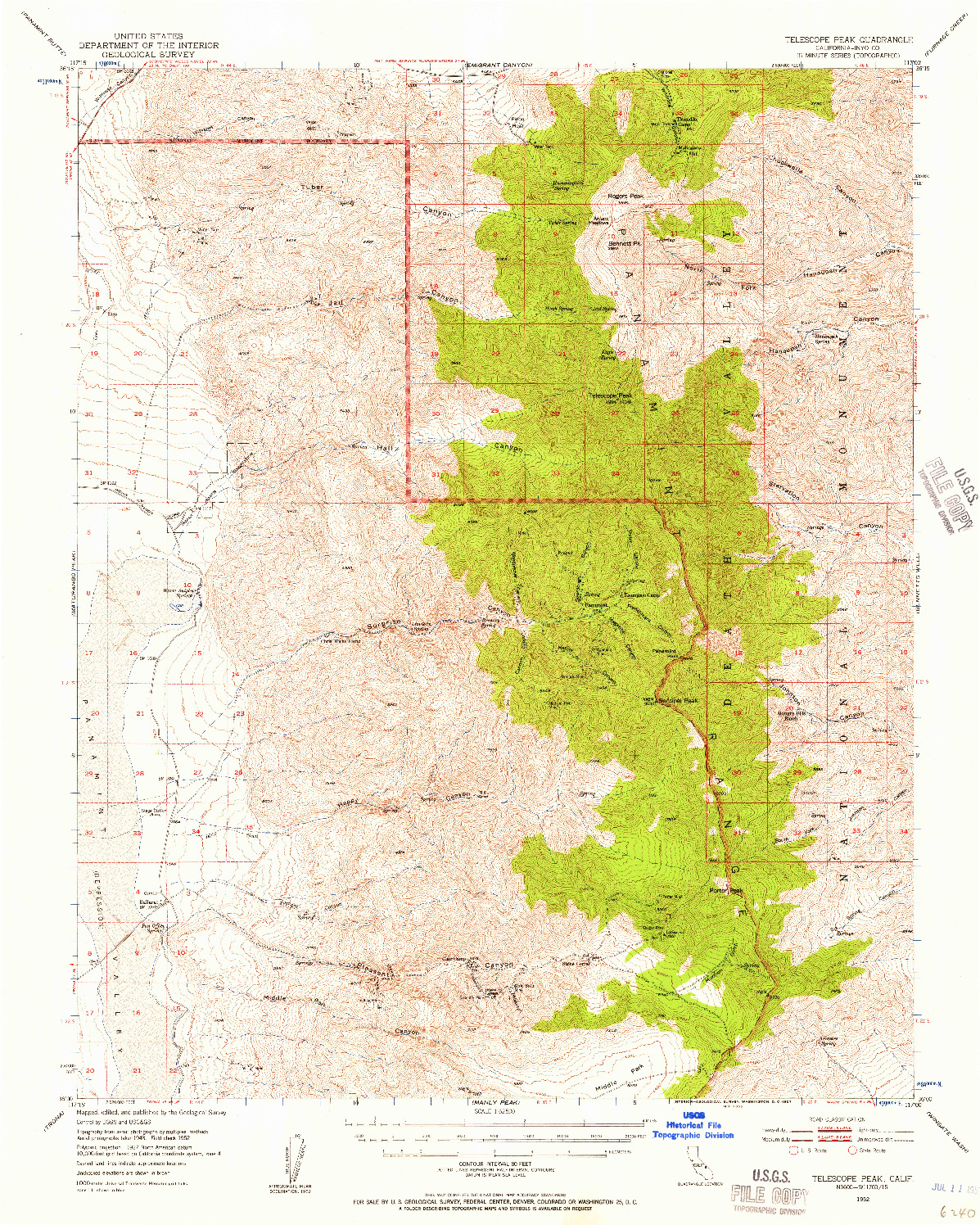 USGS 1:62500-SCALE QUADRANGLE FOR TELESCOPE PEAK, CA 1952