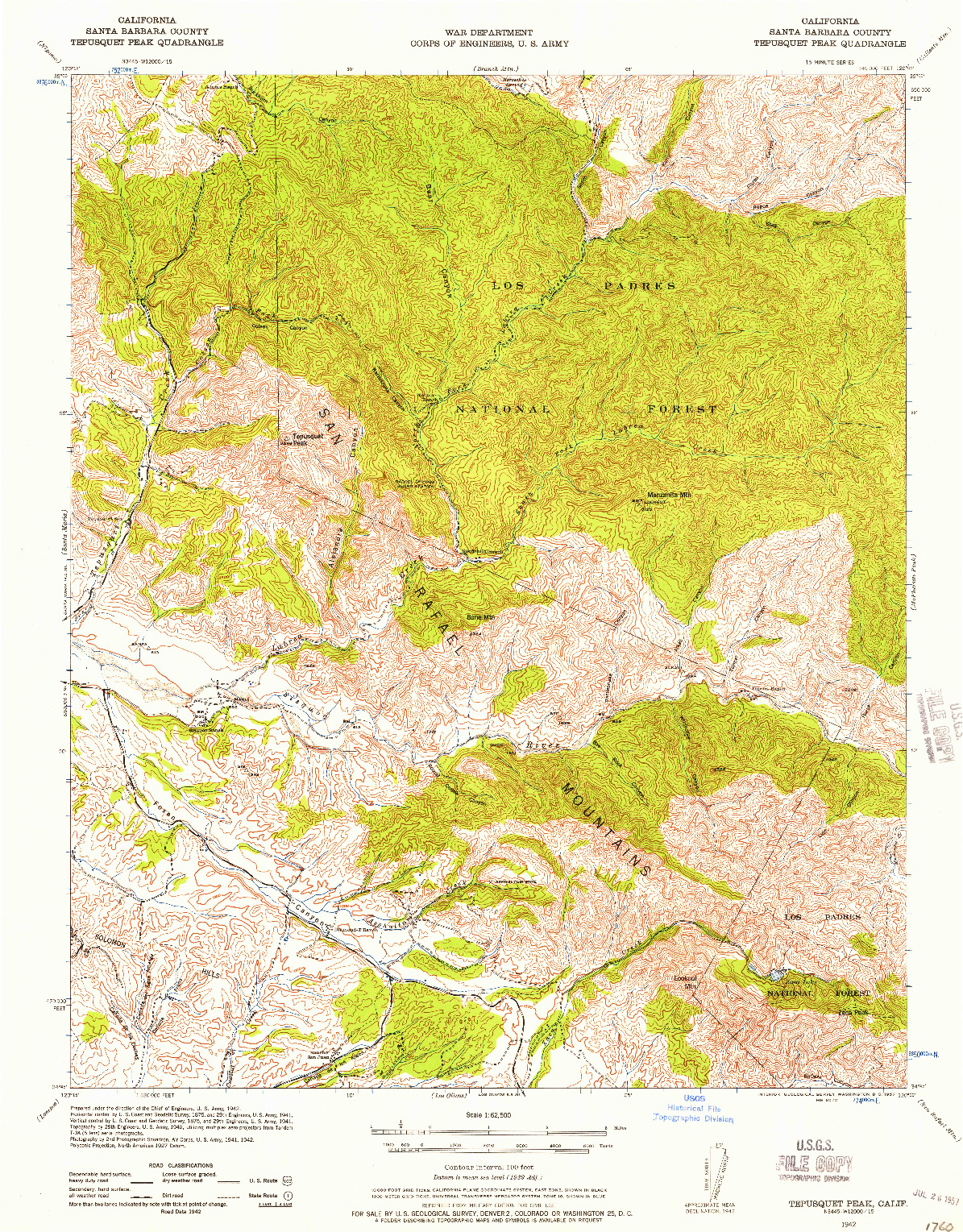 USGS 1:62500-SCALE QUADRANGLE FOR TEPUSQUET PEAK, CA 1942