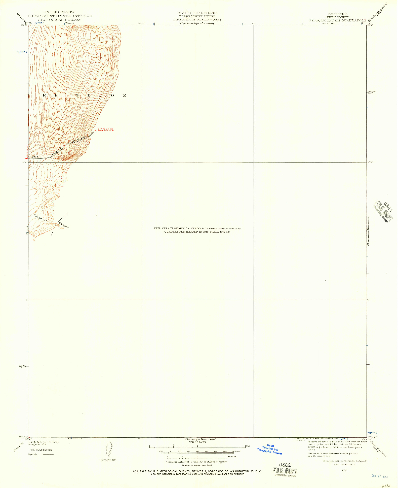USGS 1:24000-SCALE QUADRANGLE FOR BEAR MOUNTAIN, CA 1930