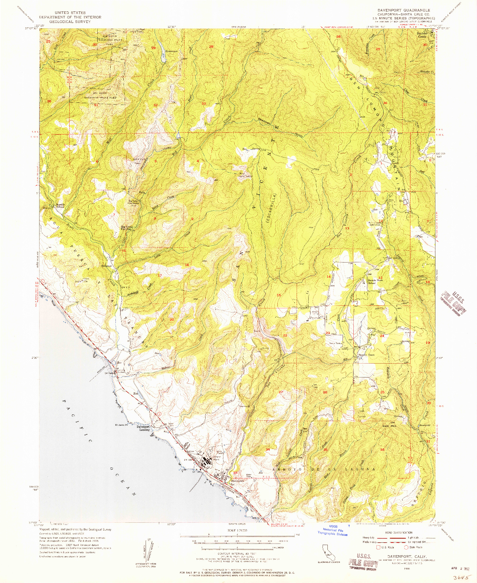 USGS 1:24000-SCALE QUADRANGLE FOR DAVENPORT, CA 1955