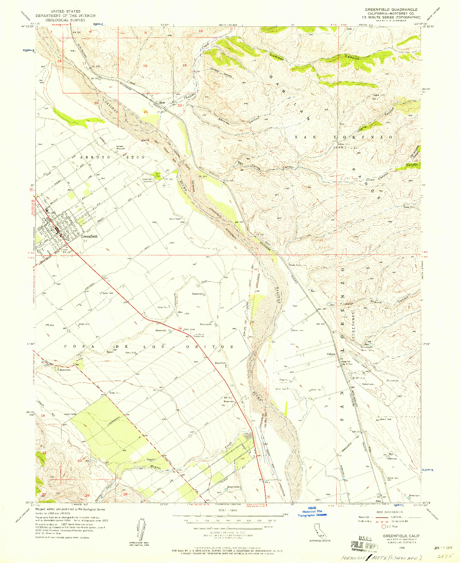 USGS 1:24000-SCALE QUADRANGLE FOR GREENFIELD, CA 1956