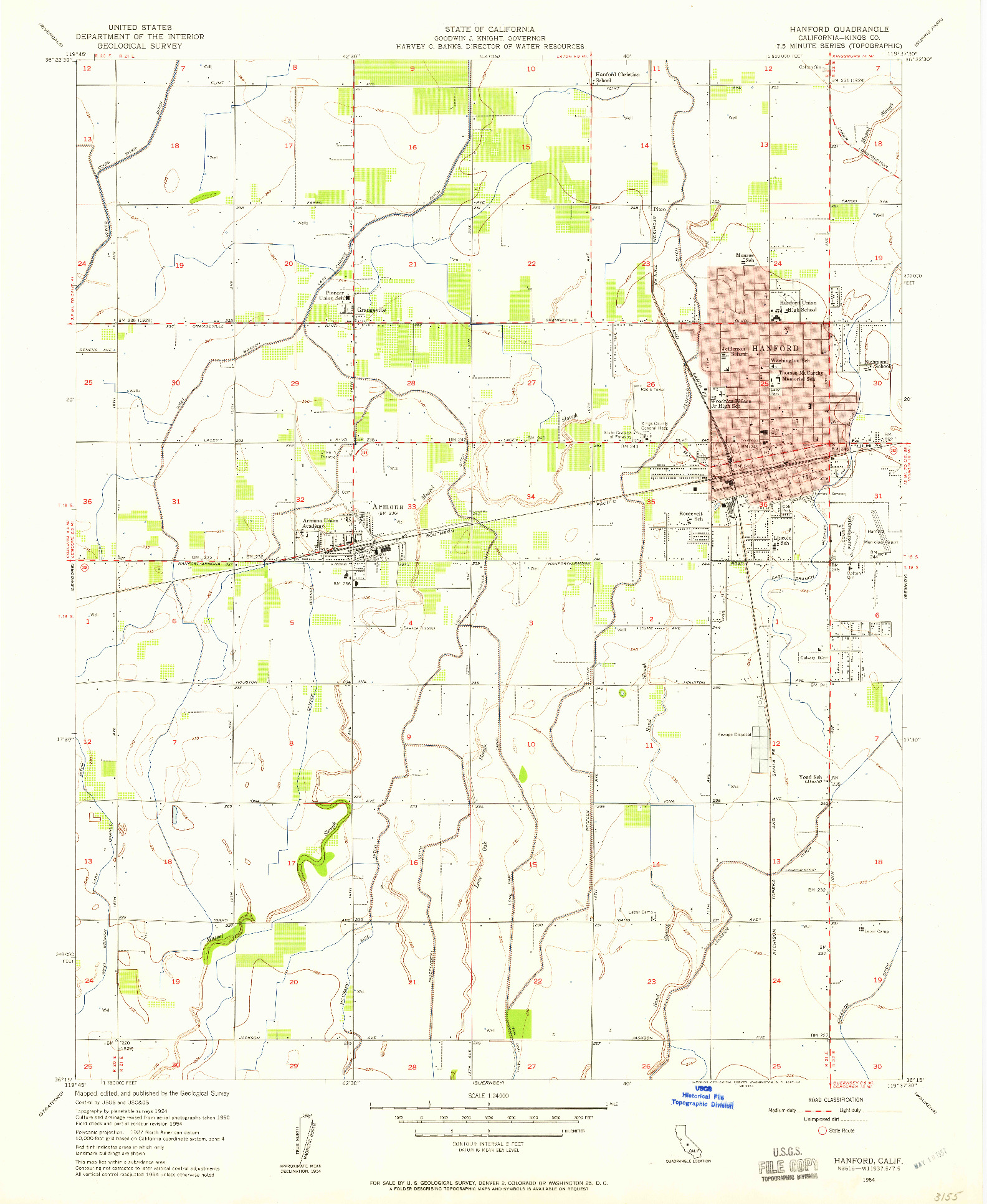 USGS 1:24000-SCALE QUADRANGLE FOR HANFORD, CA 1954